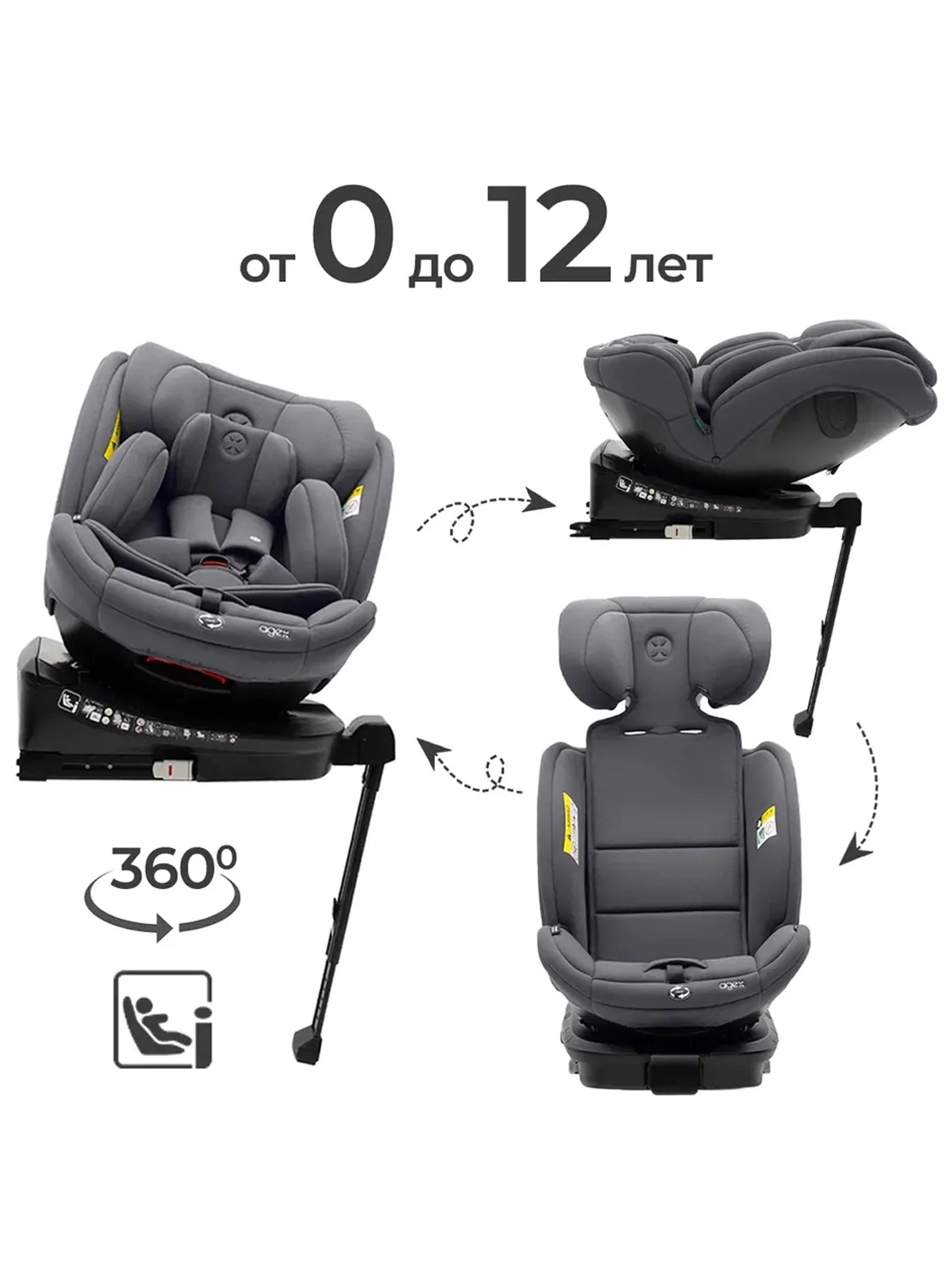 Автокресло 0+/1/2/3 Agex Comfort i-Fix 360 нов, серый (grey). Изображение 2
