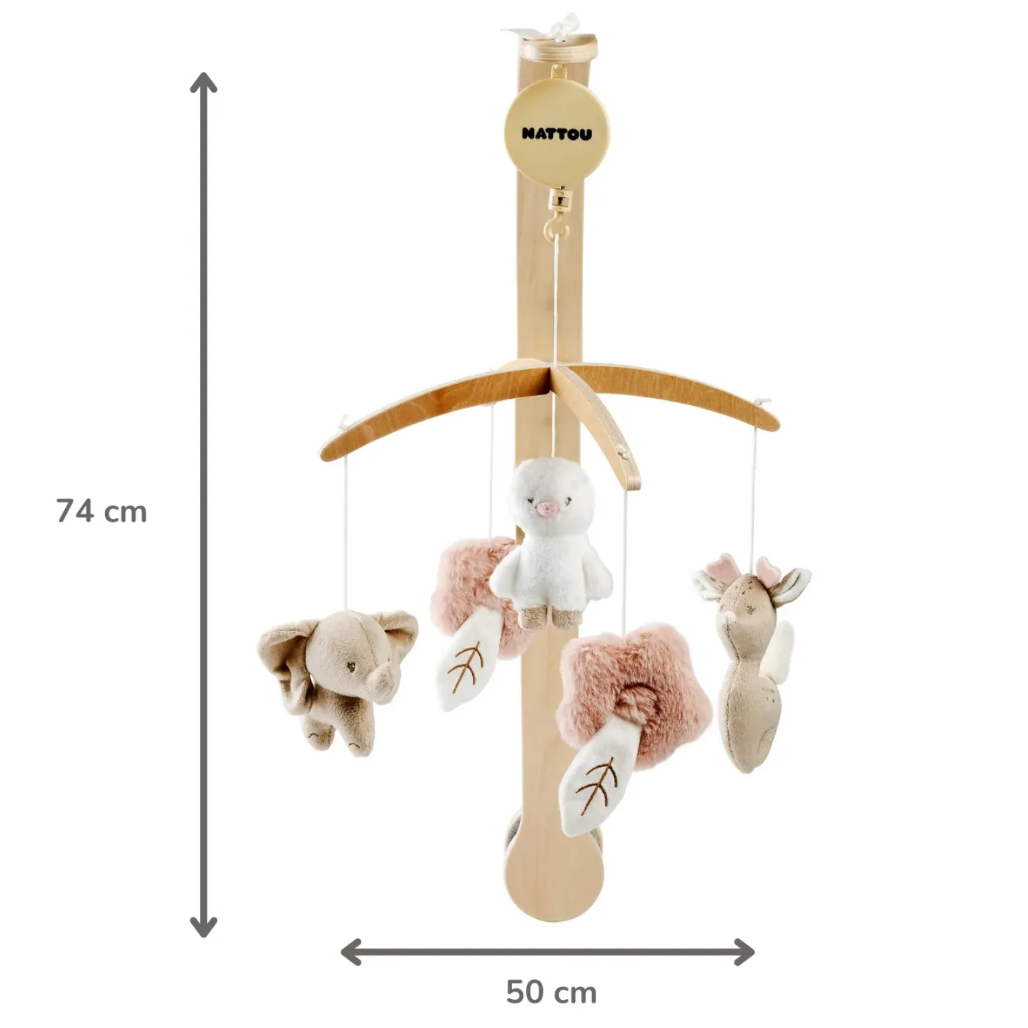 Мобиль Nattou FANFAN Слонёнок, Оленёнок и Утёнок с деревянным держателем 759250