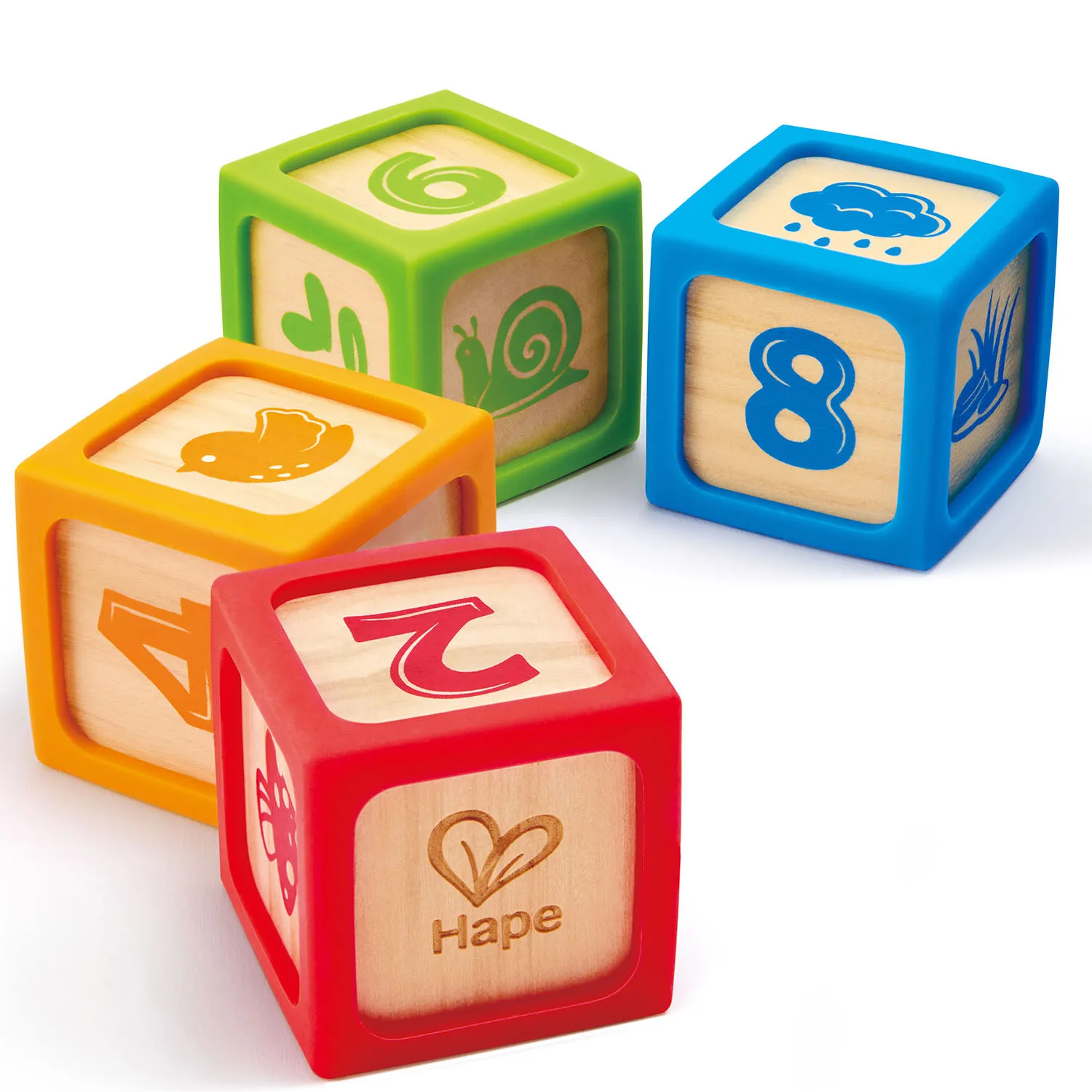 Кубики деревянные HAPE в силиконовых чехлах 4 шт E0132_HP