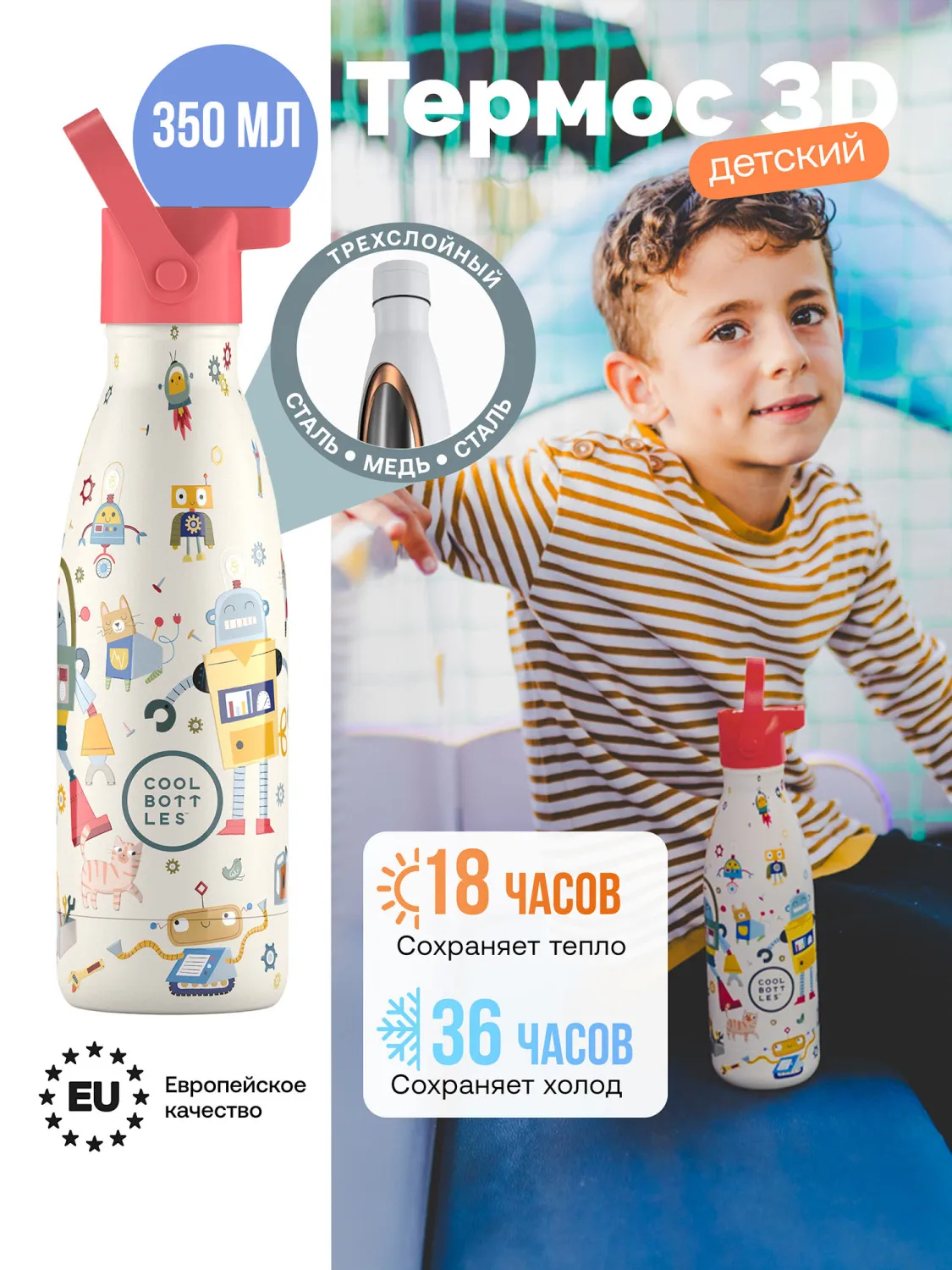 Термос–термобутылка Cool Bottles Kids серия Playland Messy Robots 350 мл