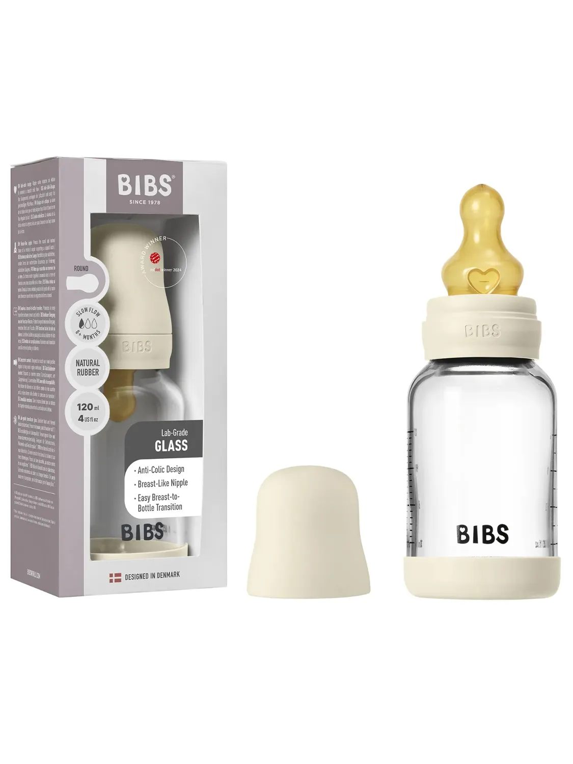 Бутылочка BIBS стеклянная для кормления с латексной соской медленный поток 120 мл 