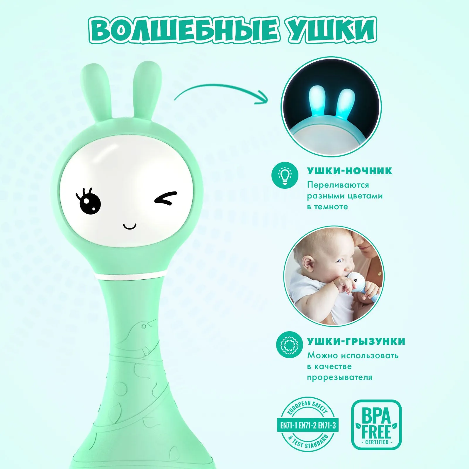Интерактивная обучающая музыкальная игрушка Умный зайка alilo R1 c распознаванием цветов мятный 60348