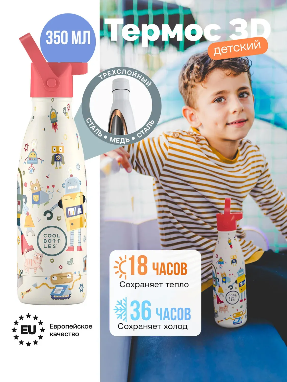 Термос–термобутылка Cool Bottles Kids серия Playland Messy Robots 350 мл