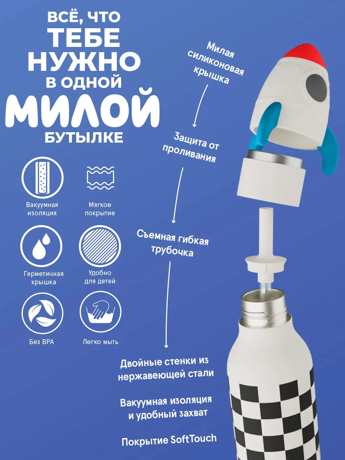Бутылка Asobu для холодных и горячих напитков Bestie 460 мл ракета 69761. Изображение 3
