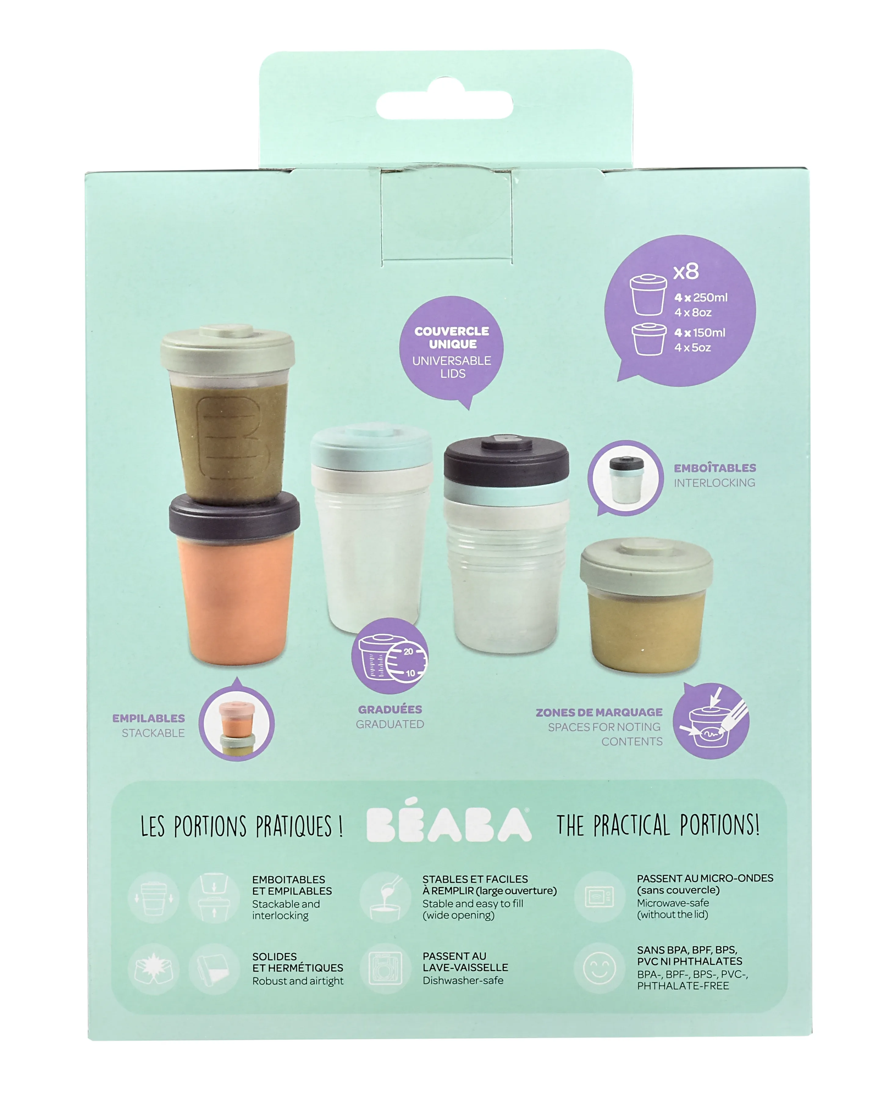 Набор контейнеров Beaba Portions Clip 4х150мл + 4х250мл 913500