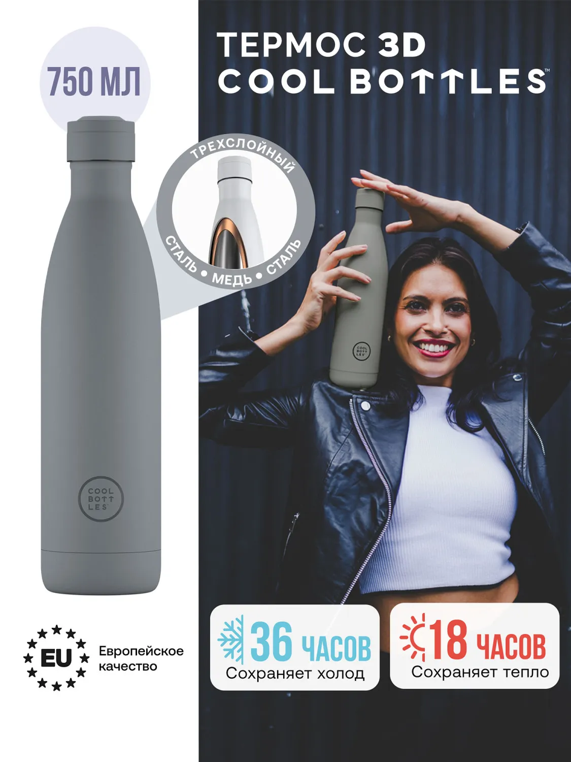 Термос–термобутылка Cool Bottles Pastel Grey 750 мл CB750PAY