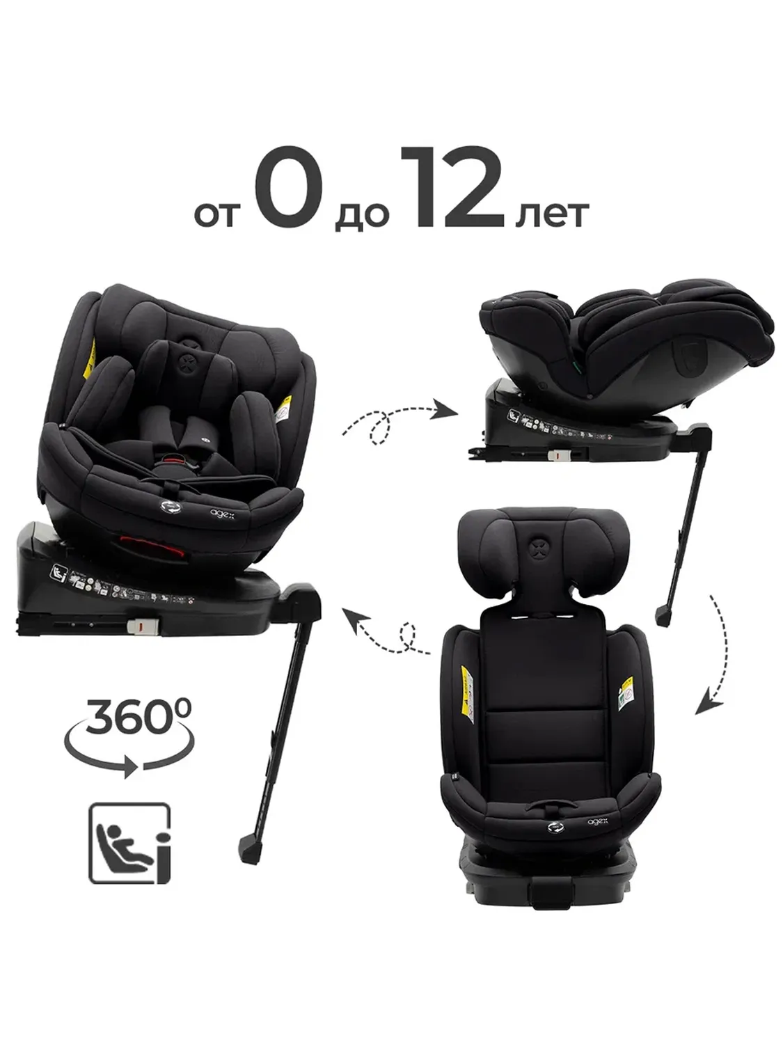 Автокресло 0+/1/2/3 Agex Comfort i-Fix 360 нов, черный (black). Изображение 2