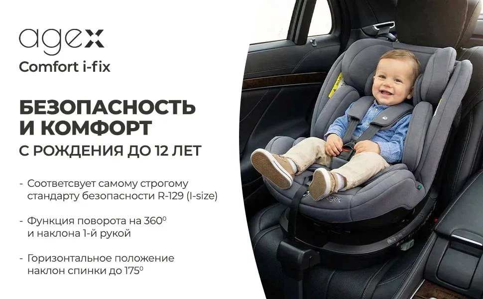 Автокресло 0+/1/2/3 Agex Comfort i-Fix 360 нов, черный (black). Изображение 55