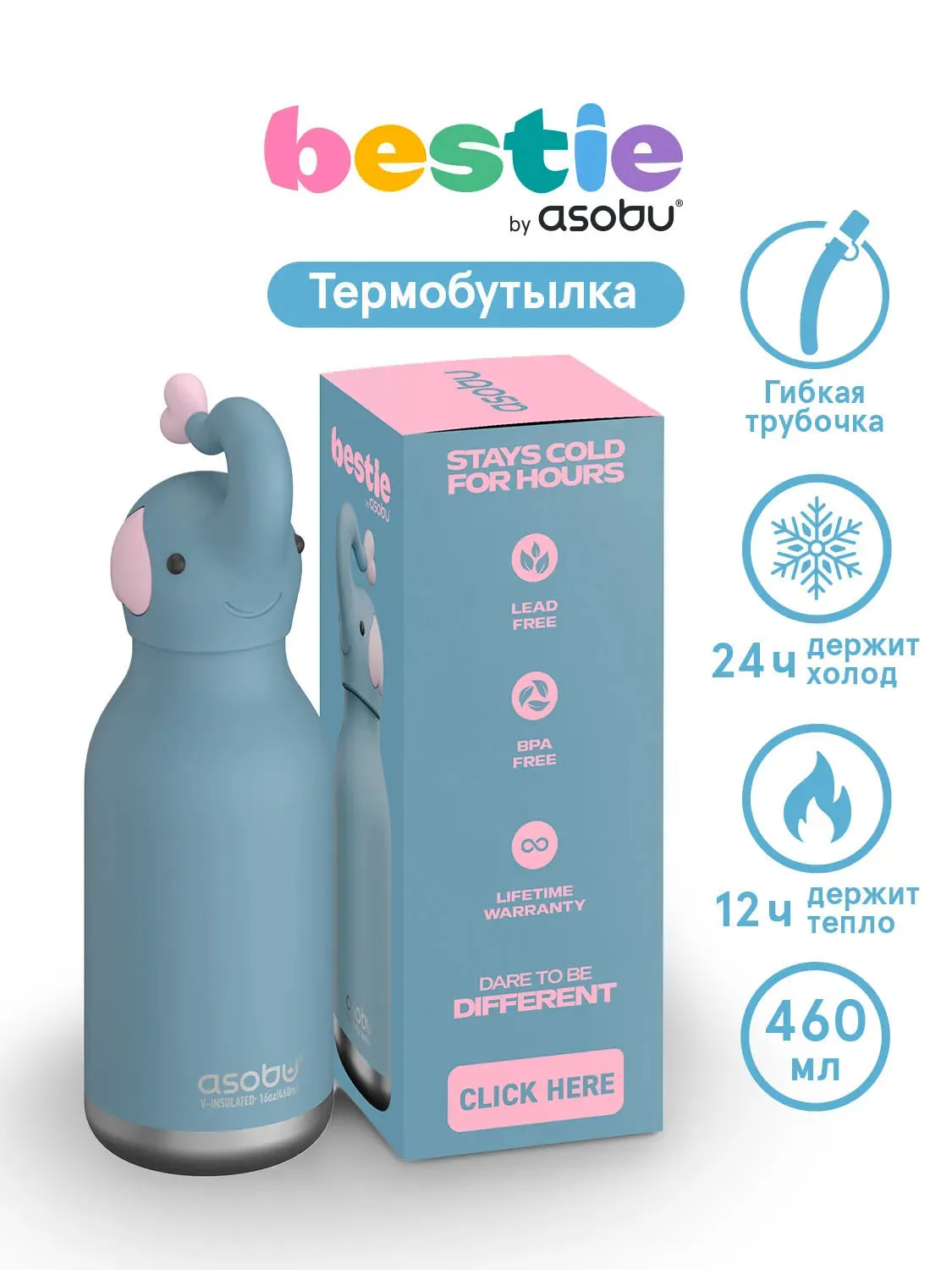 Бутылка Asobu для холодных и горячих напитков Bestie 460 мл слон 69766. Изображение 2