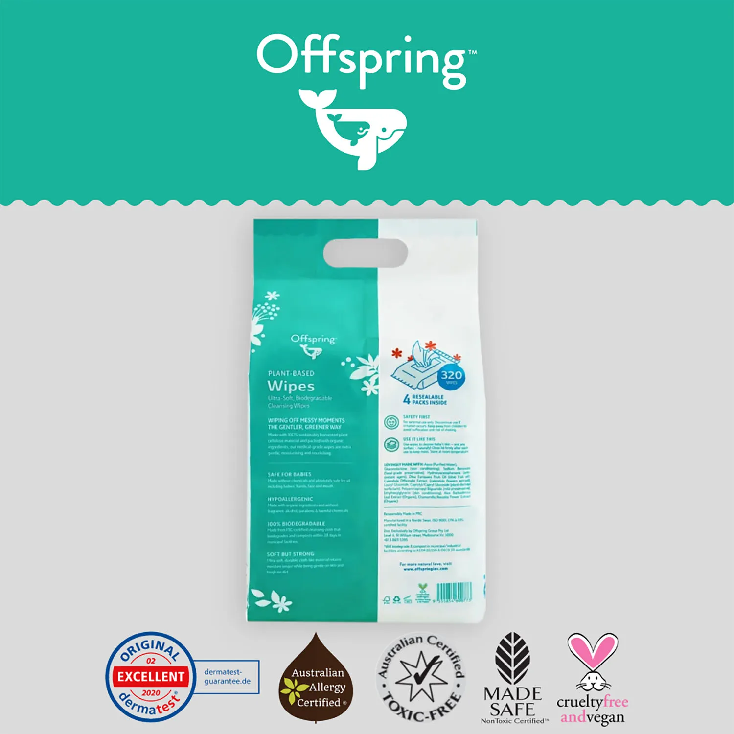 Салфетки биоразлагаемые влажные Offspring 320 шт OF03W320