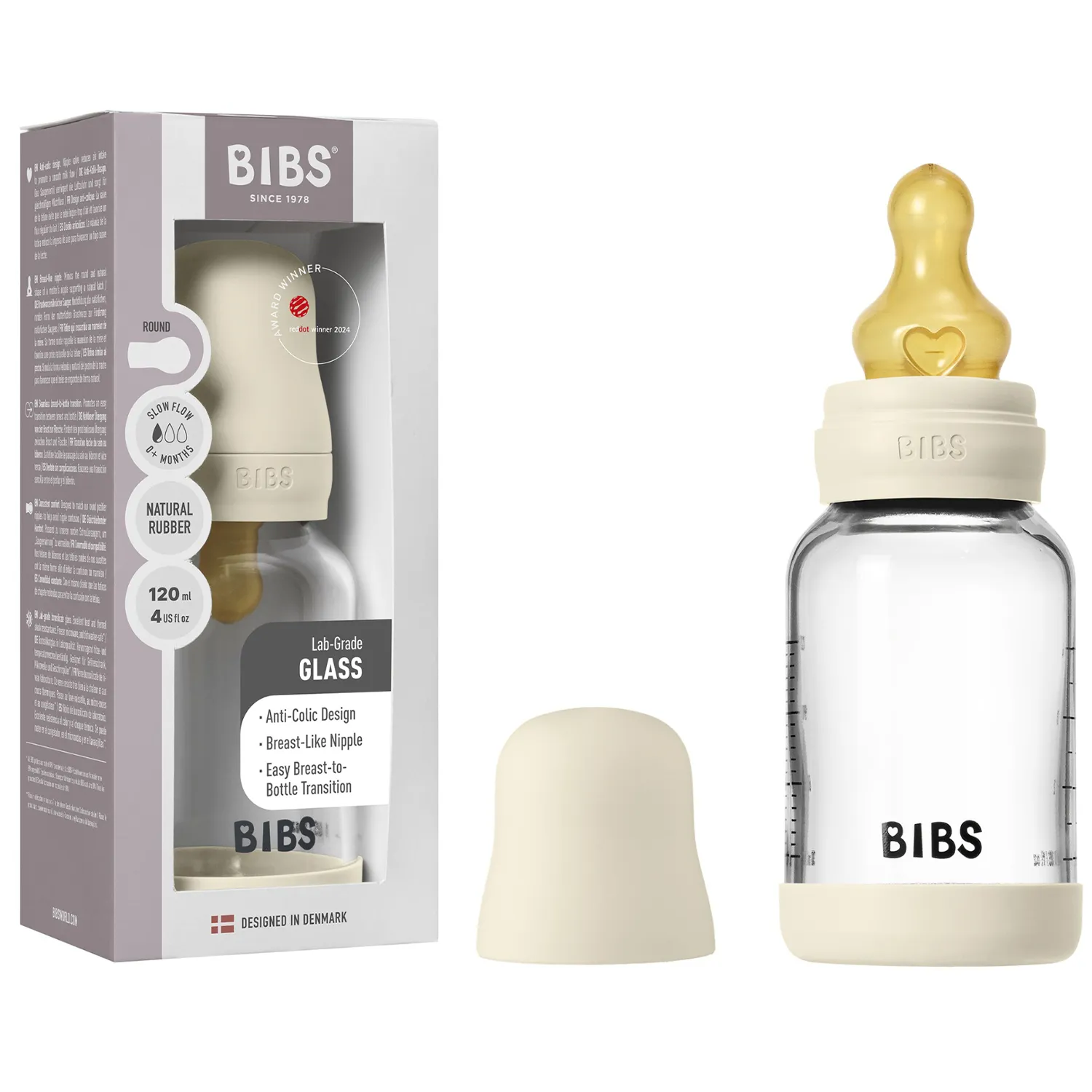 Бутылочка BIBS стеклянная для кормления с латексной соской медленный поток 120 мл 