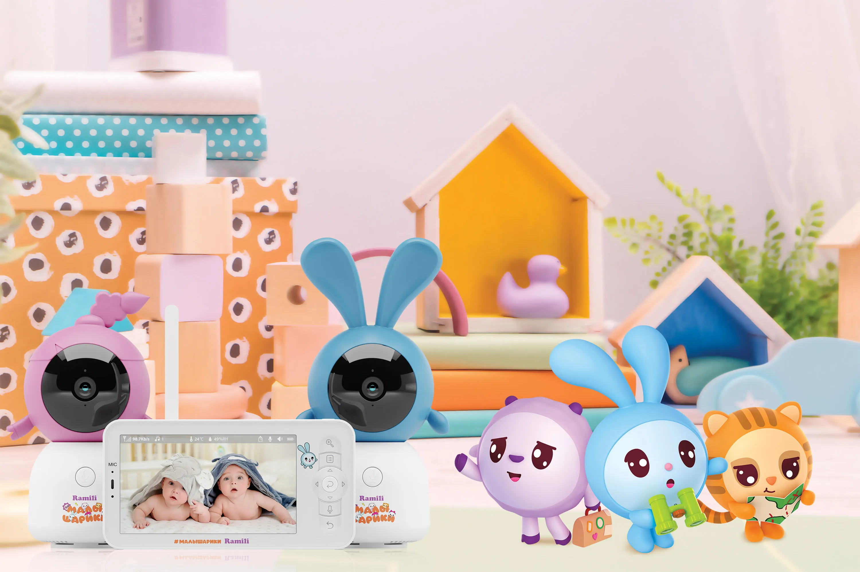 Видеоняня Ramili Baby Крошик и Нюша, Малышарики с креплениями RV100X2KROSHNUSHA