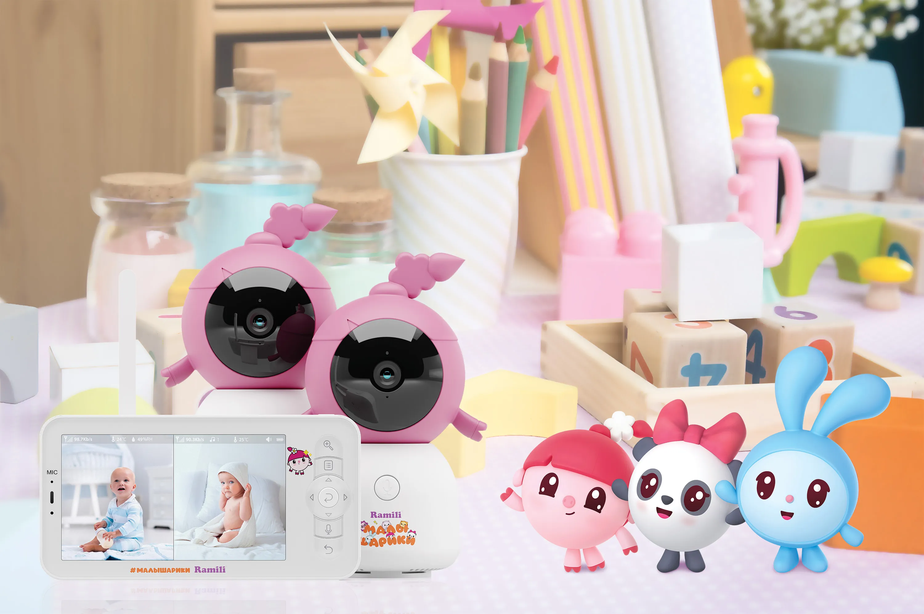 Видеоняня Ramili Baby Нюша, Малышарики, с креплениями (2 камеры в комплекте) RV100X2NUSHA