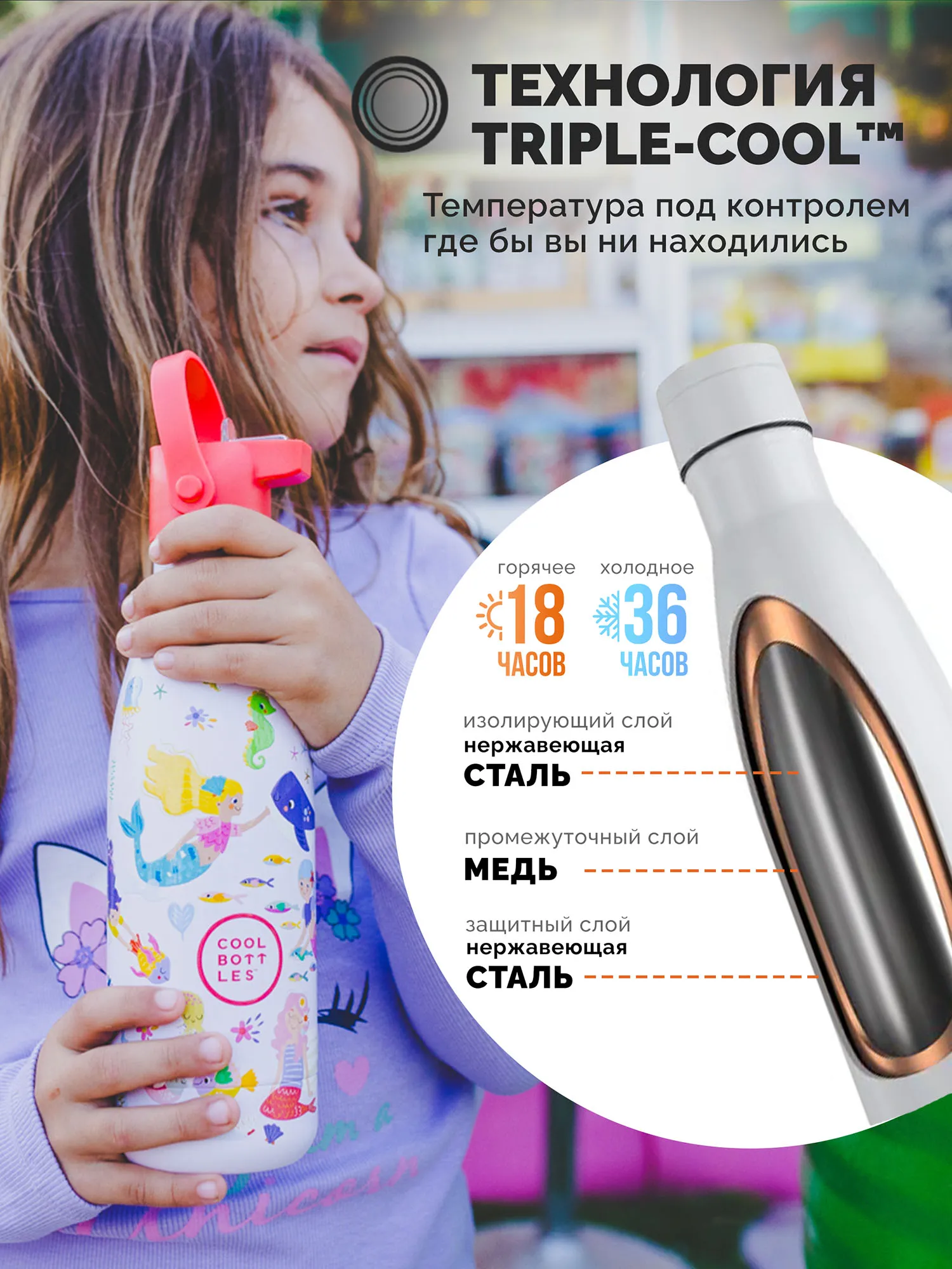 Термос–термобутылка Cool Bottles Kids серия Playland Sweet Mermaids 350 мл
