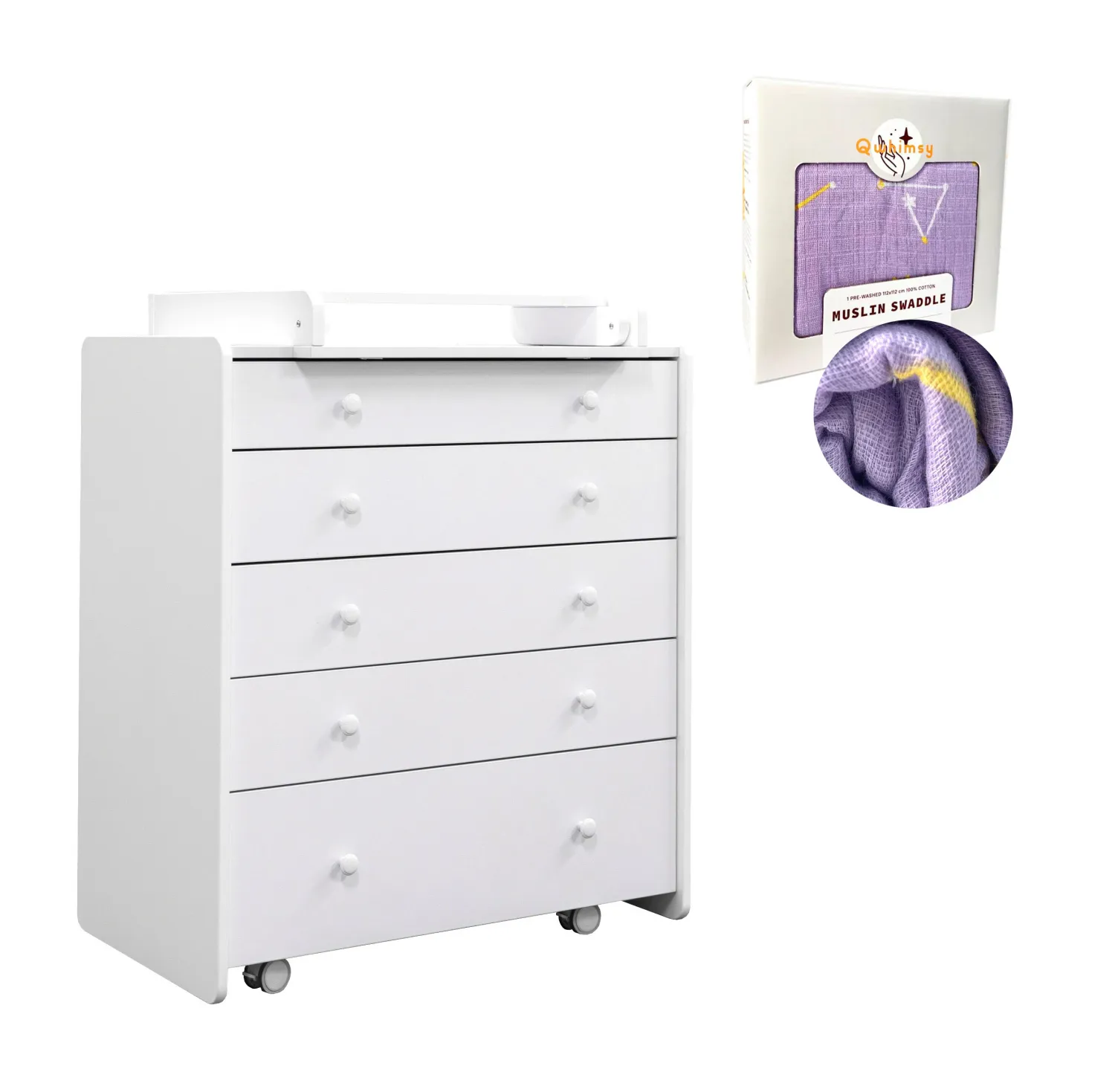 Комод ANTEMI Mari белый НИК 72 б c органайзером и пеленальным столиком Ник 70 б/б  + Пеленка Qwhimsy "Космос"