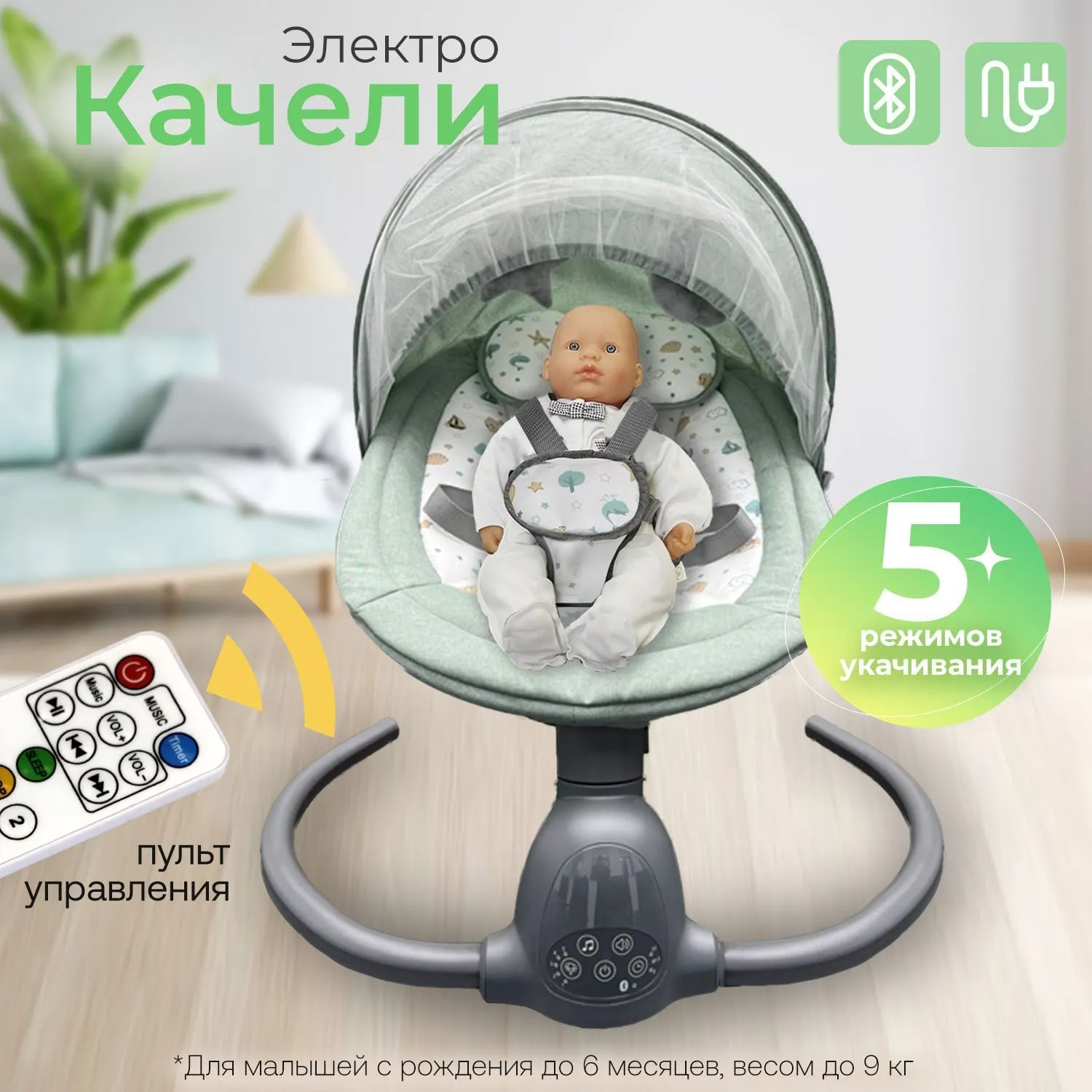Стульчик для кормления растущий Tutti Bambini NOVA + Качели Fiorellino mint BSN001
