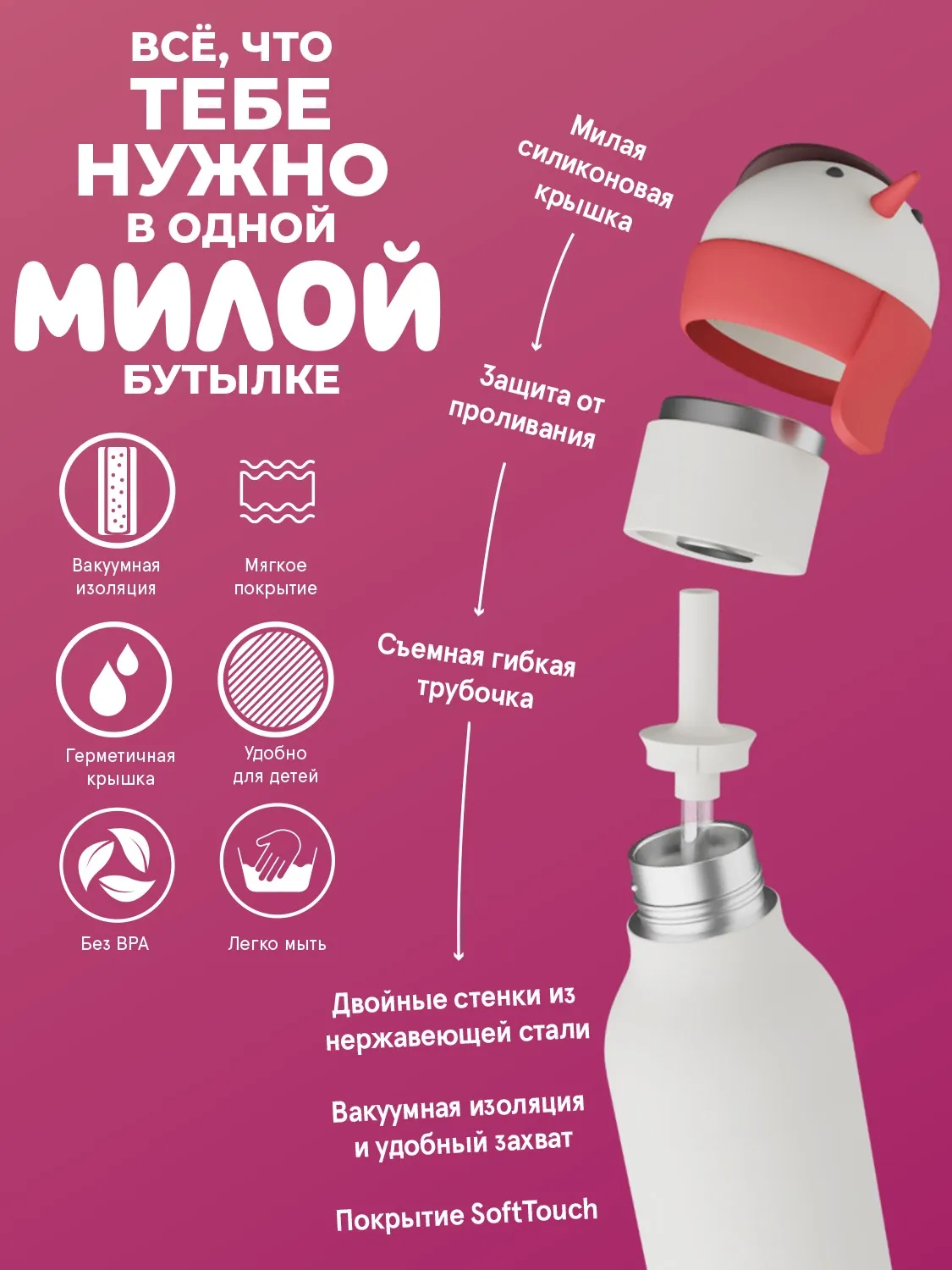 Бутылка Asobu для холодных и горячих напитков Bestie Holiday 460 мл снеговик 69770. Изображение 4