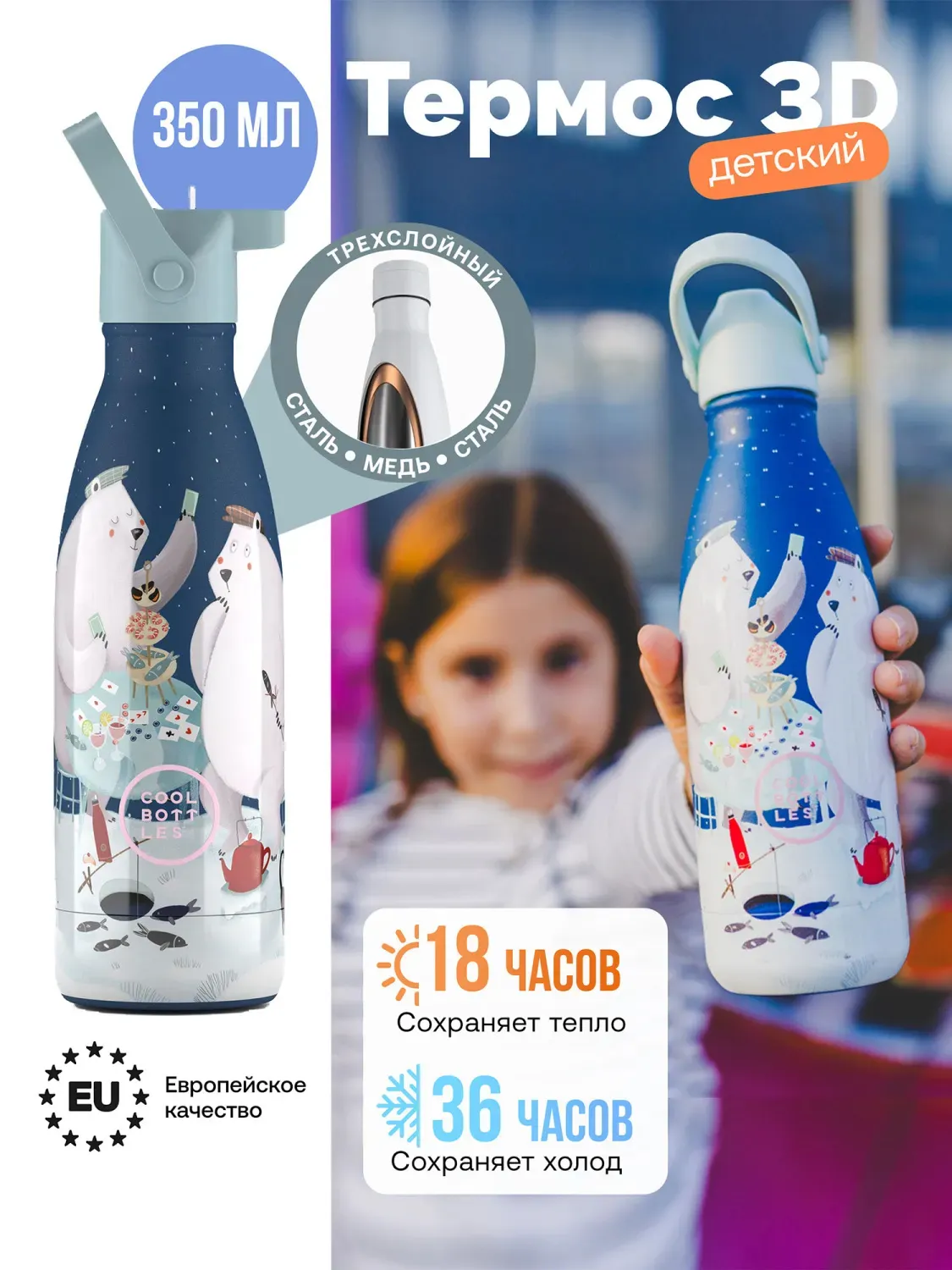 Термос–термобутылка Cool Bottles Kids серия Wonders Polar Bears 350 мл