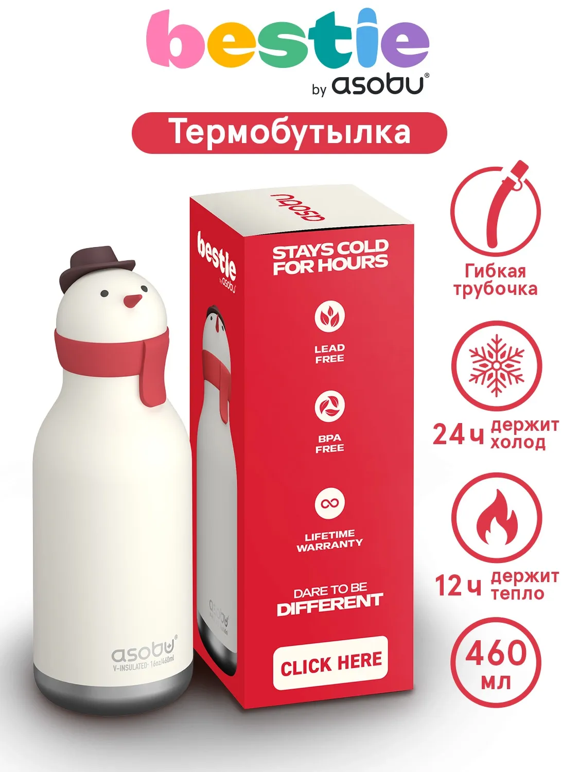 Бутылка Asobu для холодных и горячих напитков Bestie Holiday 460 мл снеговик 69770. Изображение 2