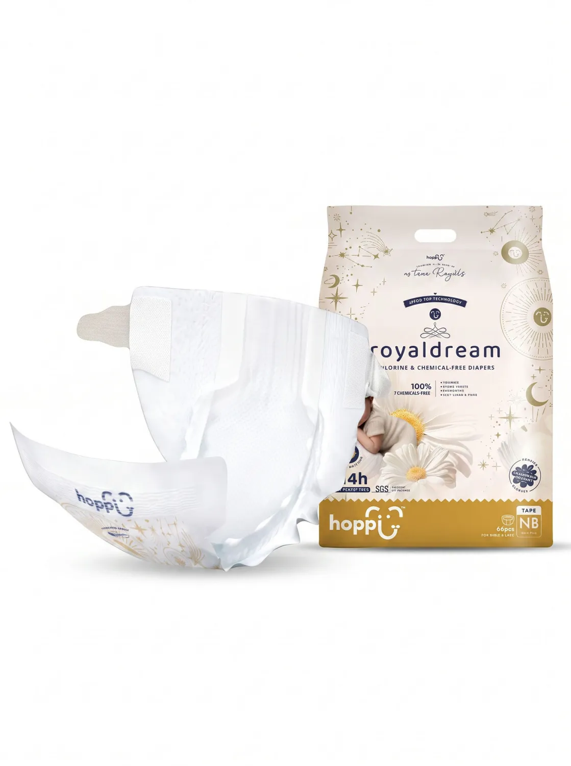 Подгузники Hoppi для новорожденных RoyalDream NB до 5 кг 66 шт