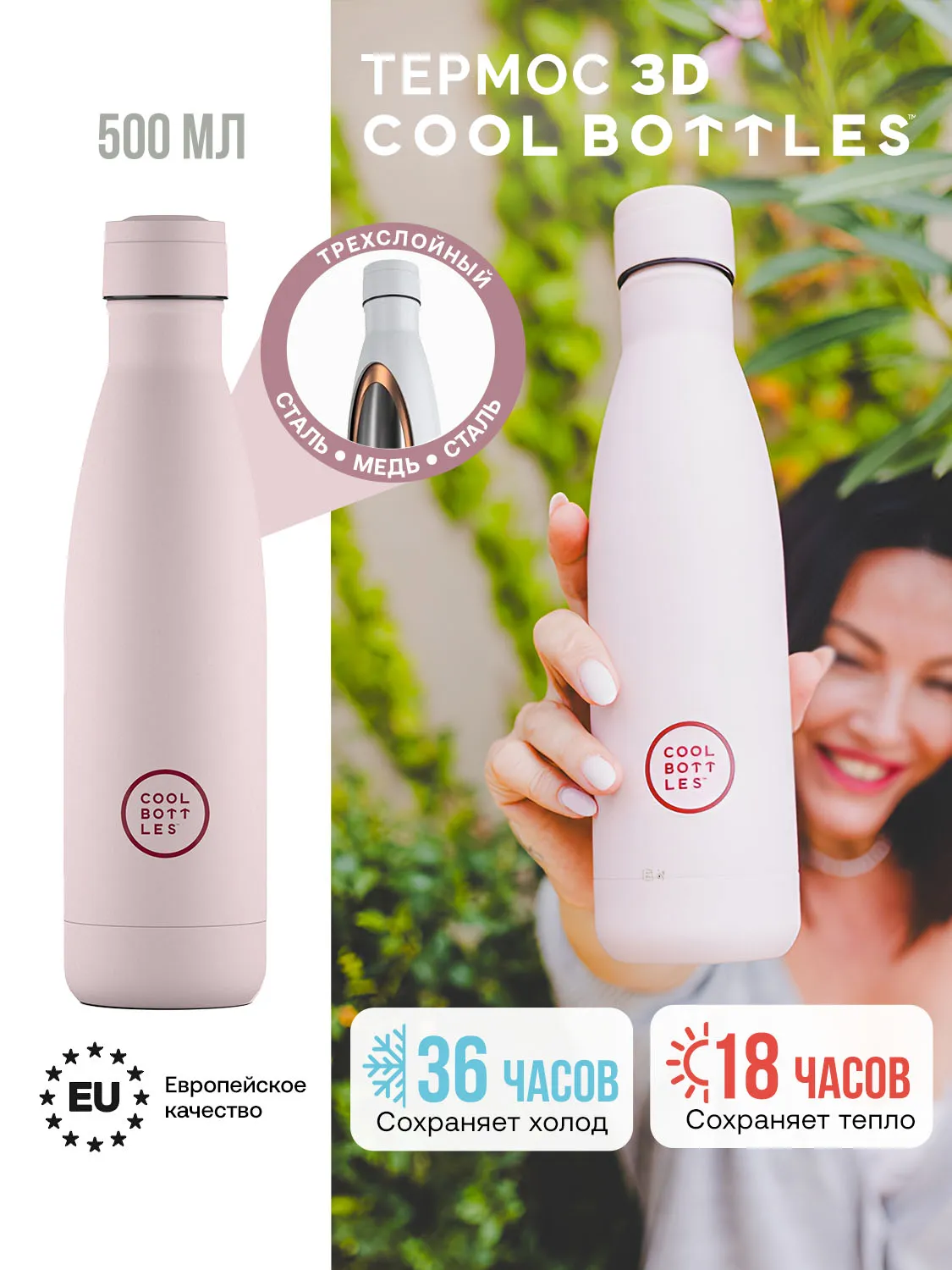 Термос-термобутылка Cool Bottles Pastel Pink 500 мл CB500PAP