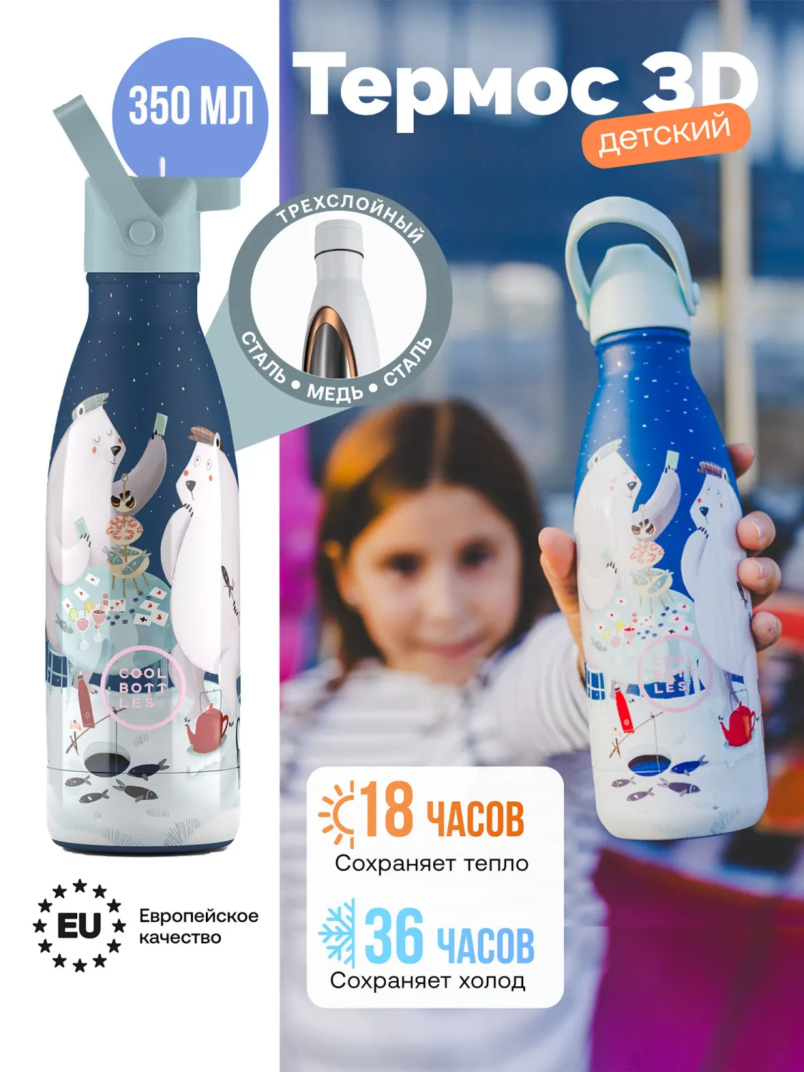 Термос–термобутылка Cool Bottles Kids серия Wonders Polar Bears 350 мл