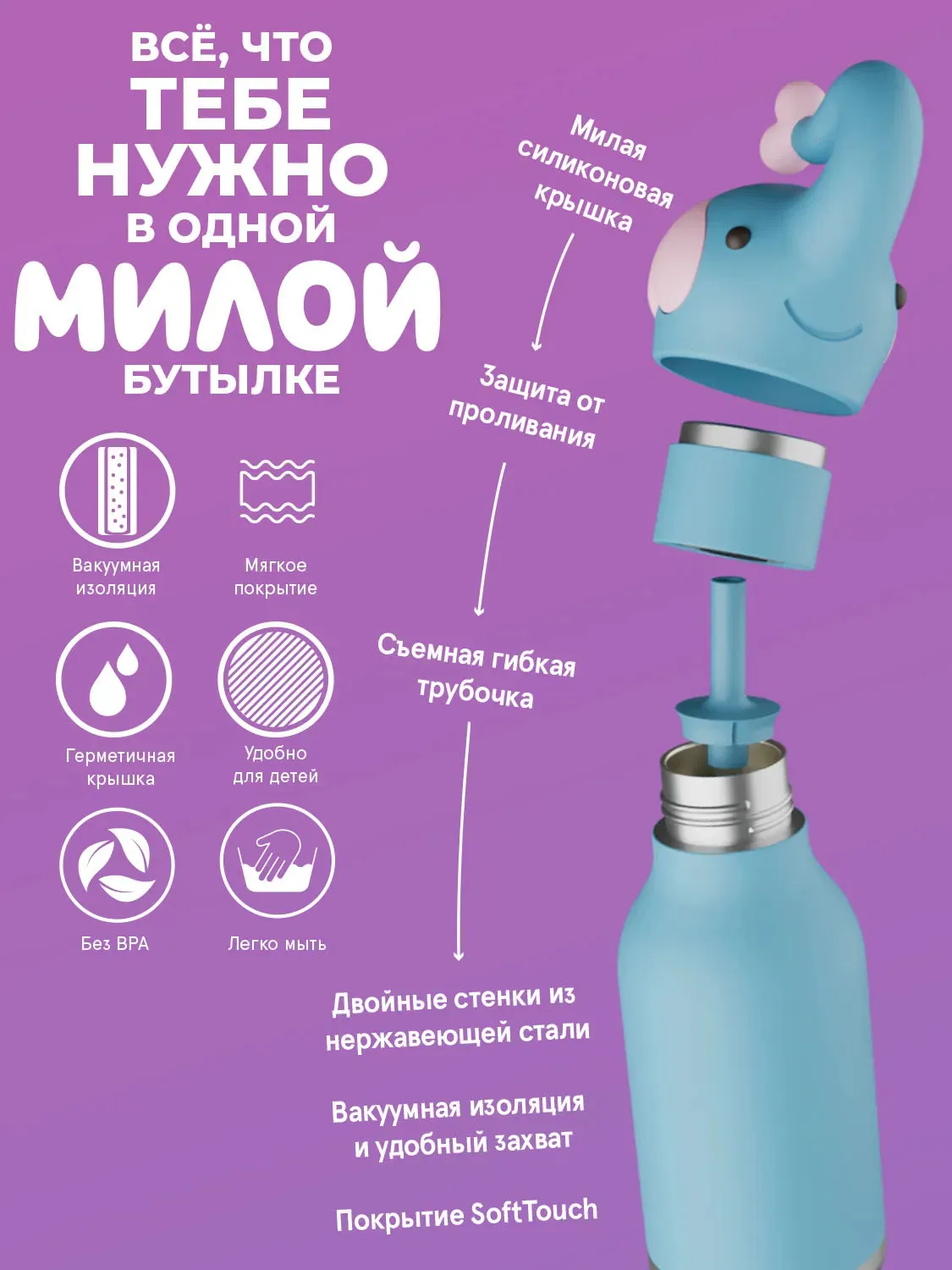 Бутылка Asobu для холодных и горячих напитков Bestie 460 мл слон 69766. Изображение 3