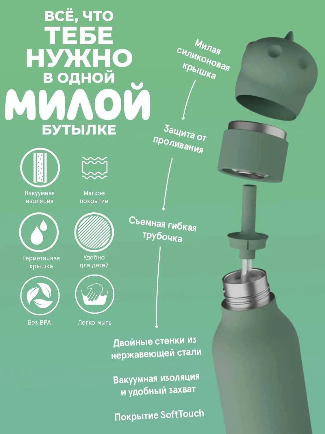 Бутылка Asobu для холодных и горячих напитков Bestie 460 мл динозавр 69758. Изображение 4