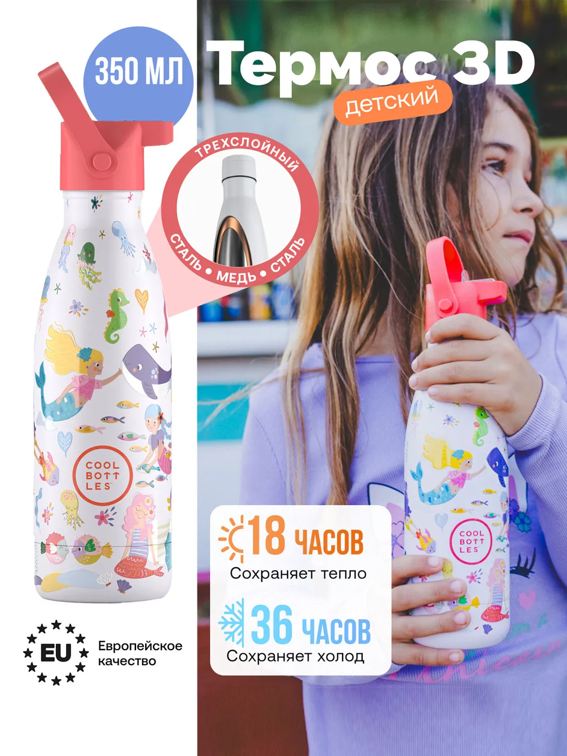 Термос–термобутылка Cool Bottles Kids серия Playland Sweet Mermaids 350 мл