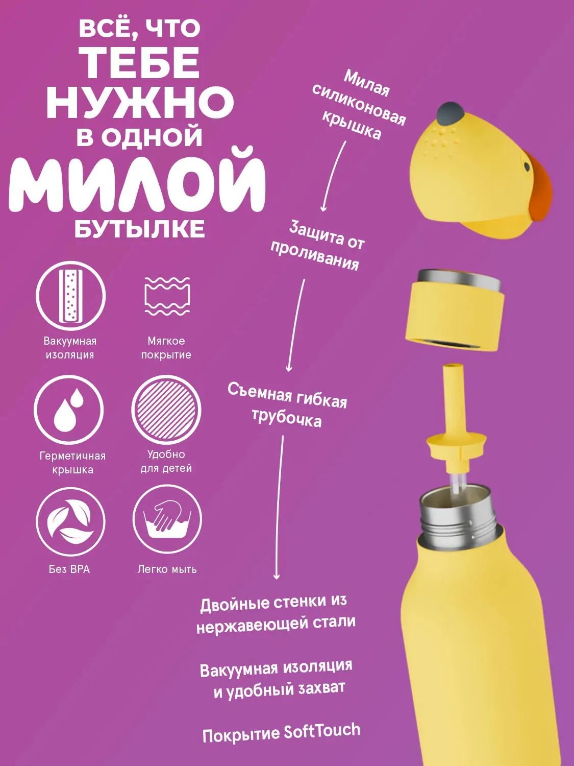 Бутылка Asobu для холодных и горячих напитков Bestie 460 мл собака 69755. Изображение 4