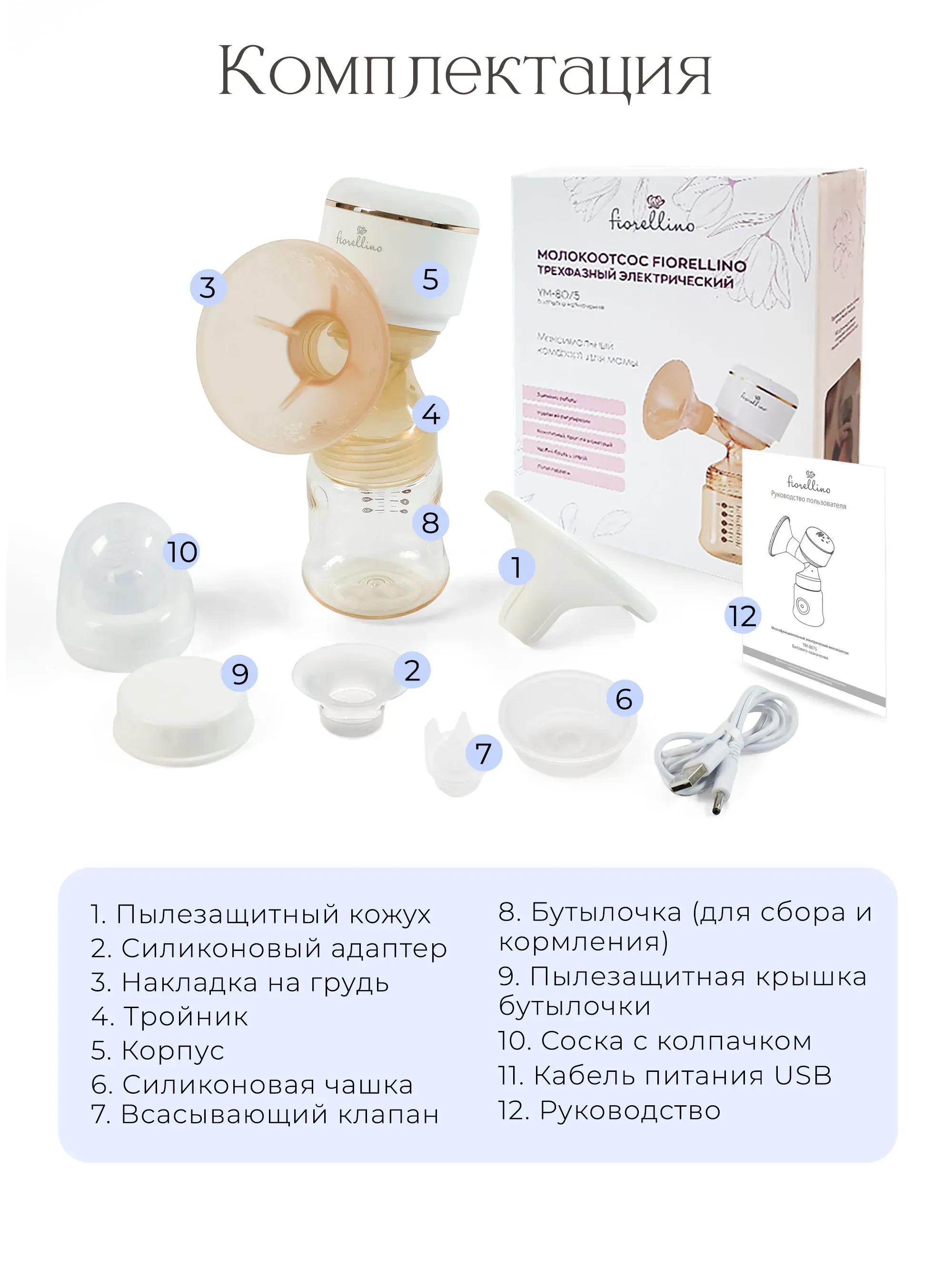 Молокоотсос Fiorellino трехфазный электрический YM-8075, 3 режима, usb. Изображение 10