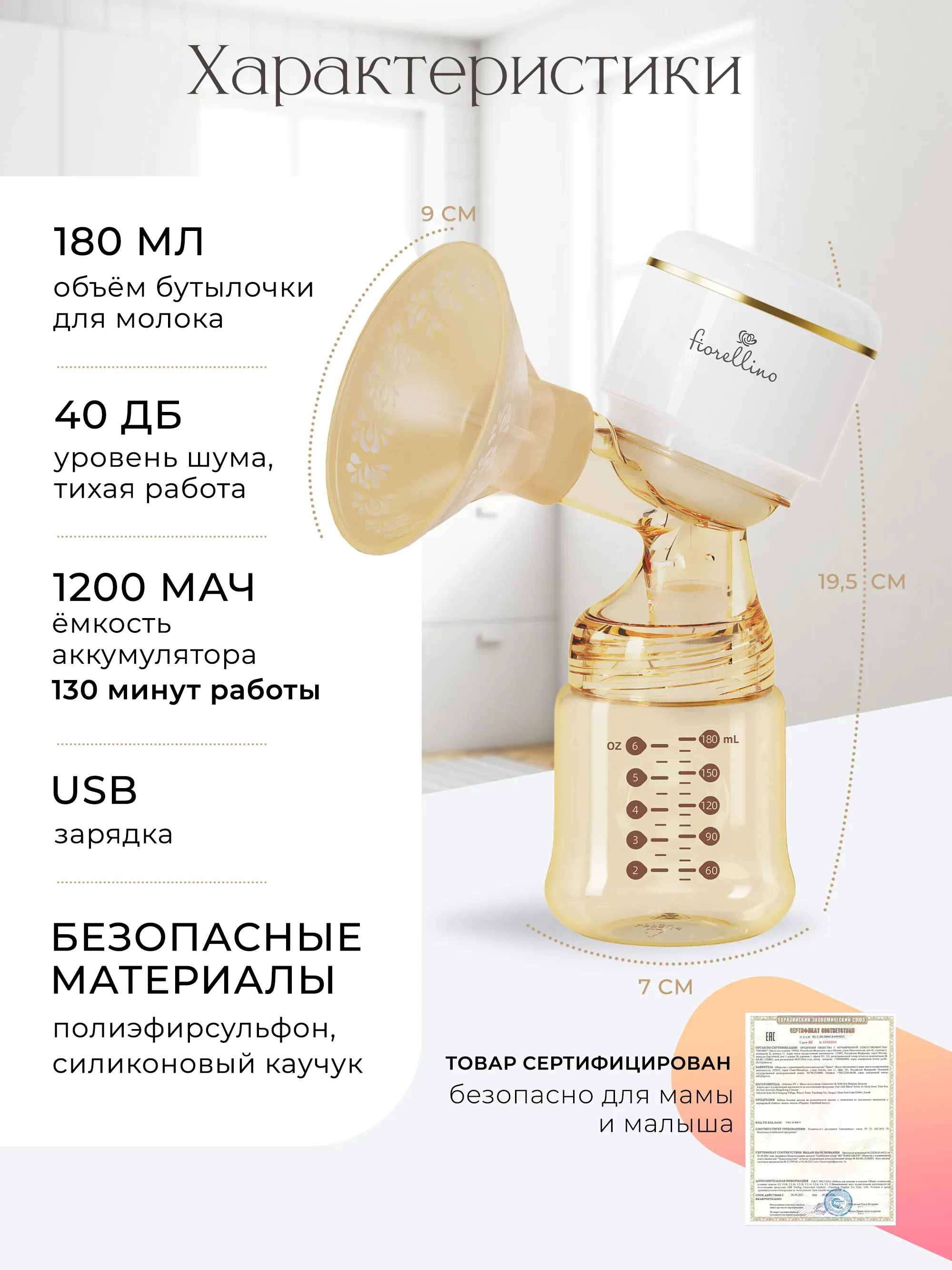 Молокоотсос Fiorellino трехфазный электрический YM-8075, 3 режима, usb. Изображение 4