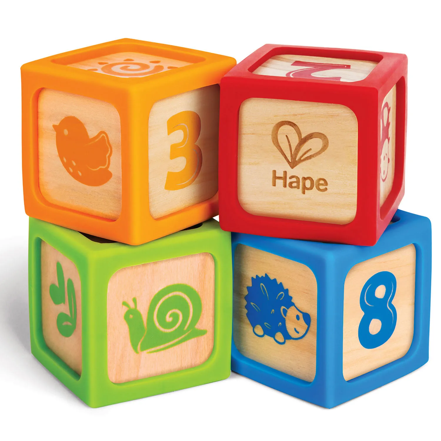 Кубики деревянные HAPE в силиконовых чехлах 4 шт E0132_HP