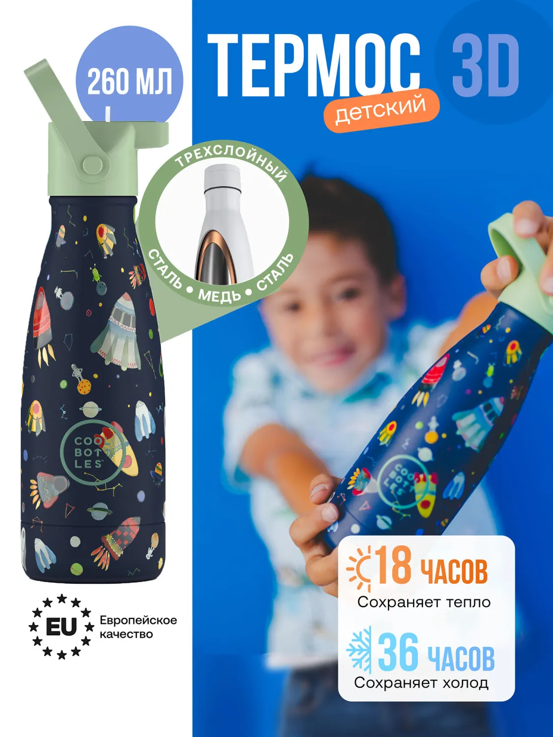 Термос–термобутылка Cool Bottles Kids серия Adventure Space Rockets 260 мл