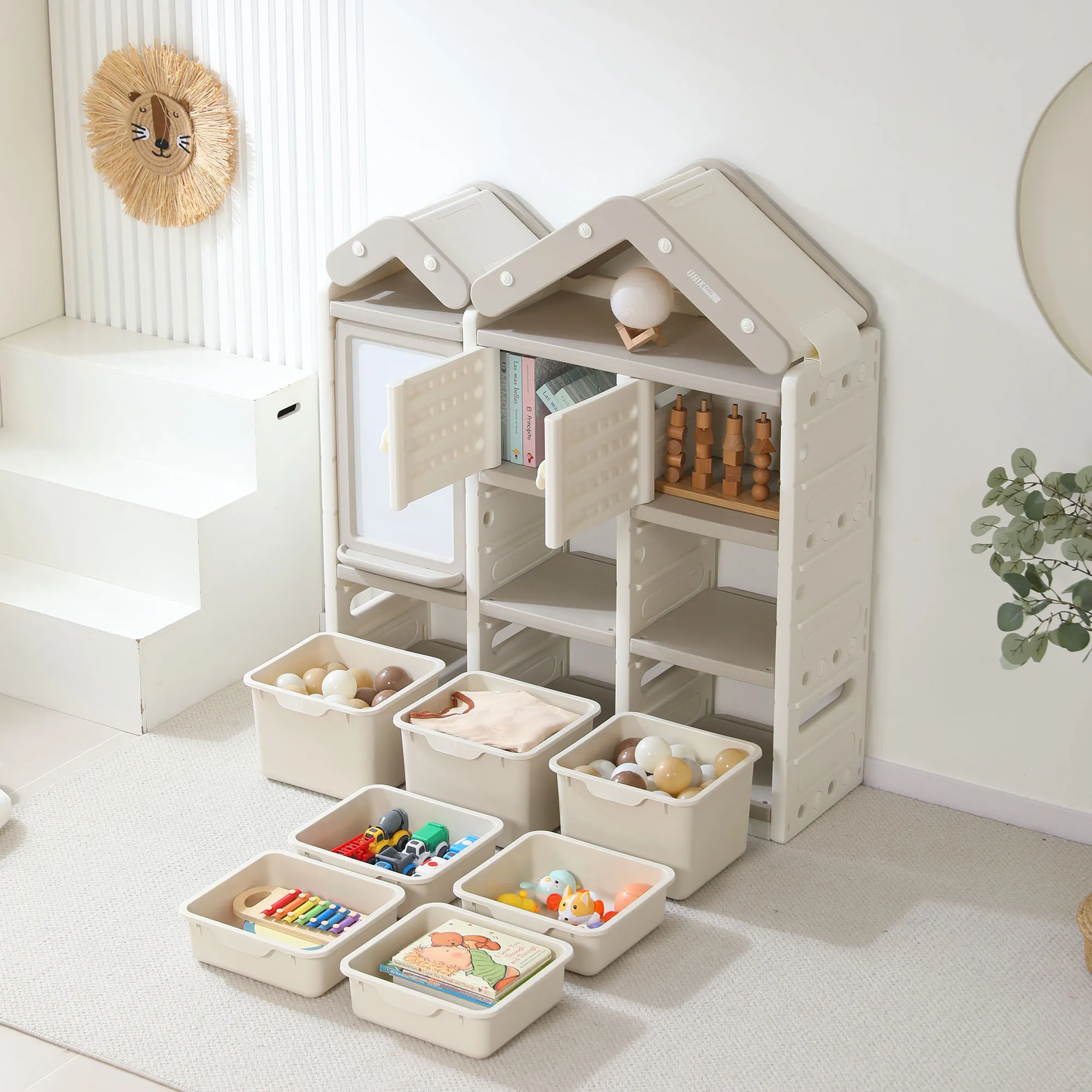 Стеллаж UNIX Kids для игрушек House (7 ящиков, 2 полки с дверцей)