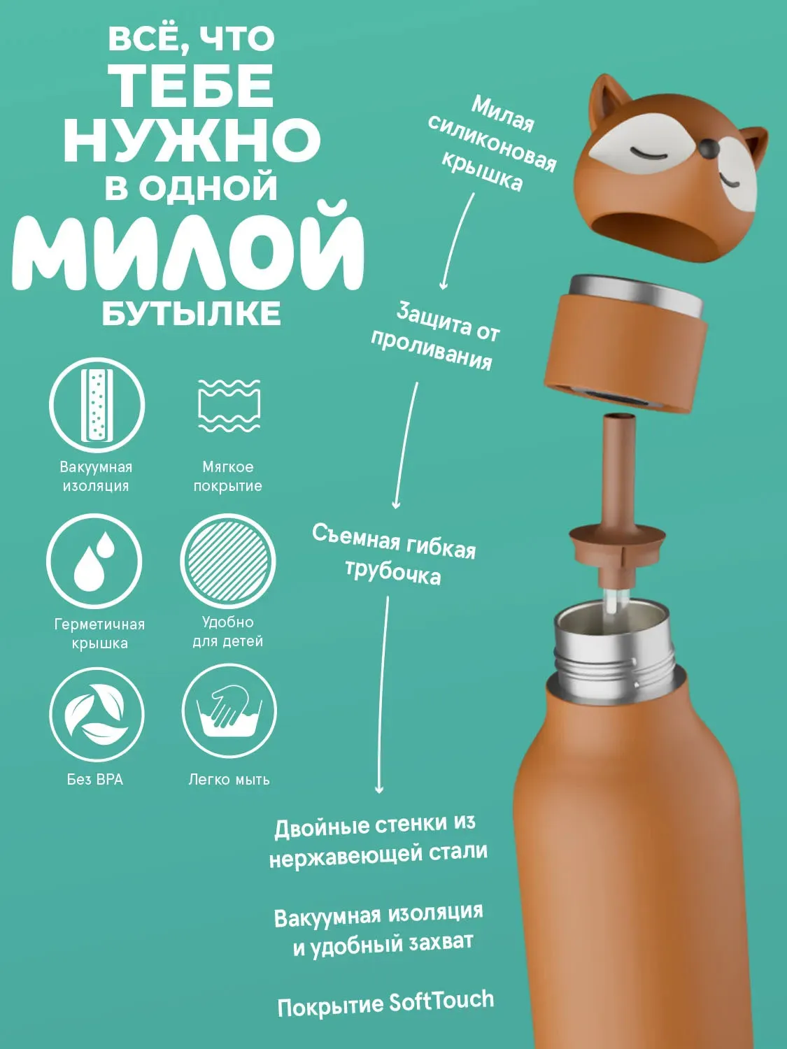 Бутылка Asobu для холодных и горячих напитков Bestie 460 мл лиса 69767. Изображение 4
