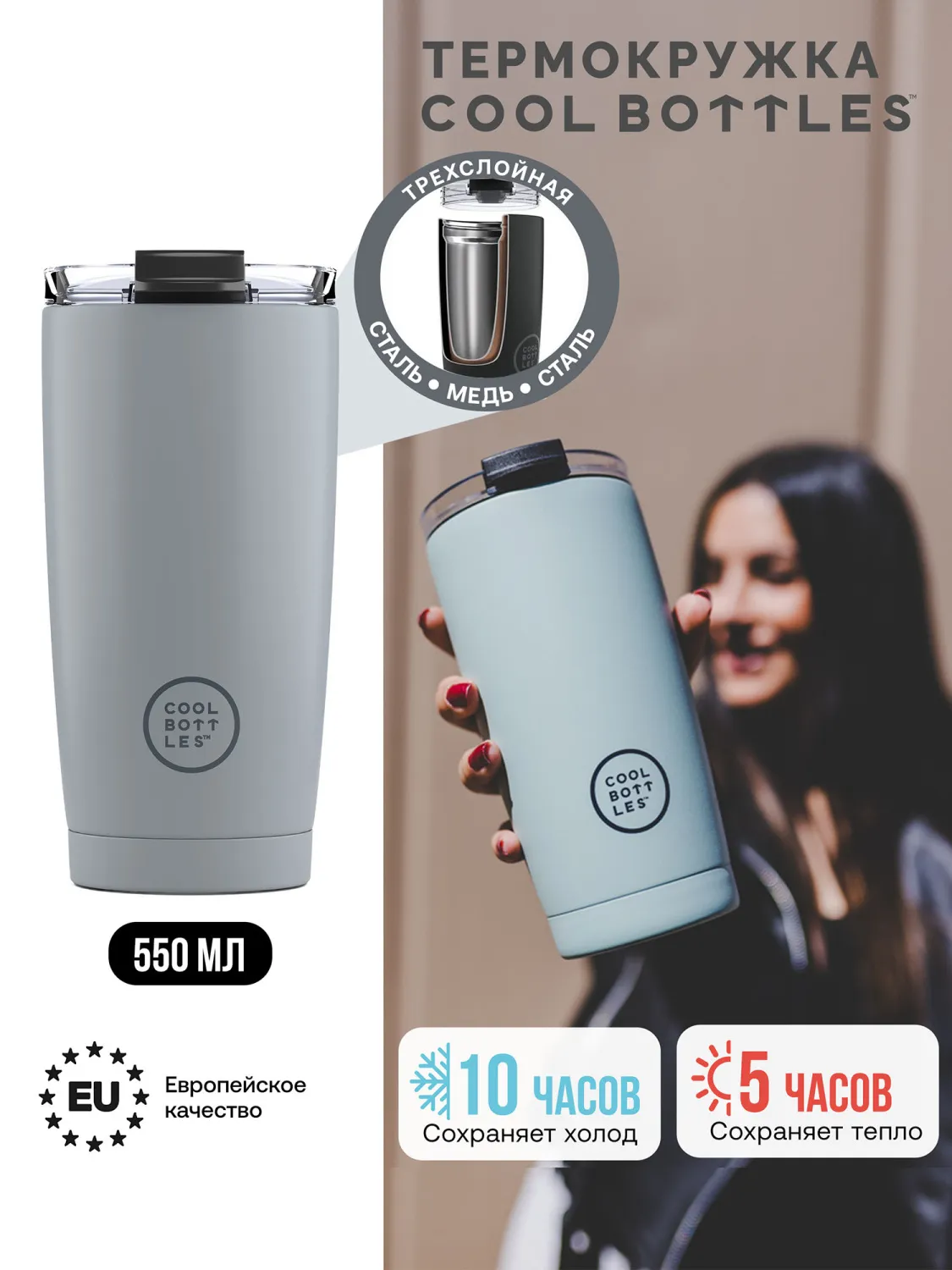 Термокружка Cool Bottles Tumbler Pastel Grey 550 мл CBT55PAY