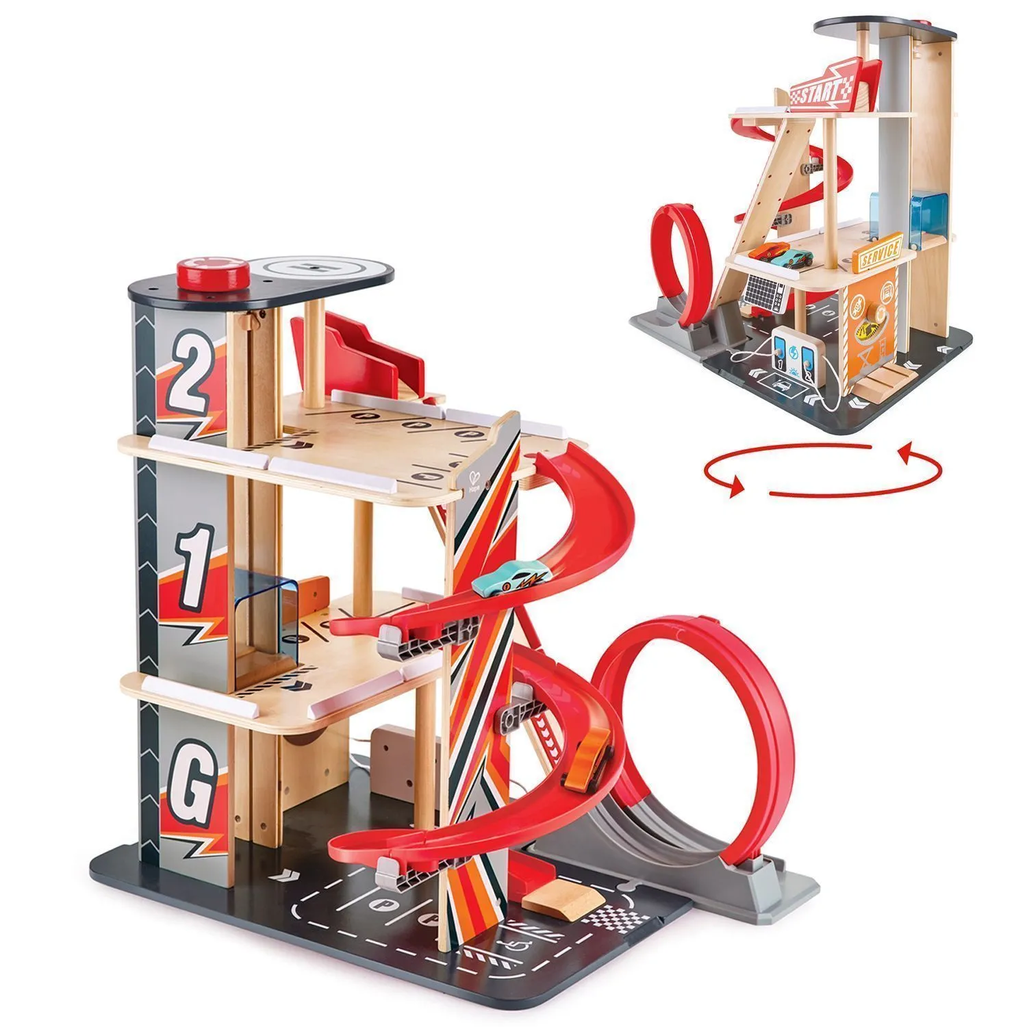 Деревянная многоуровневая автостоянка Hape «Гараж для трюков»