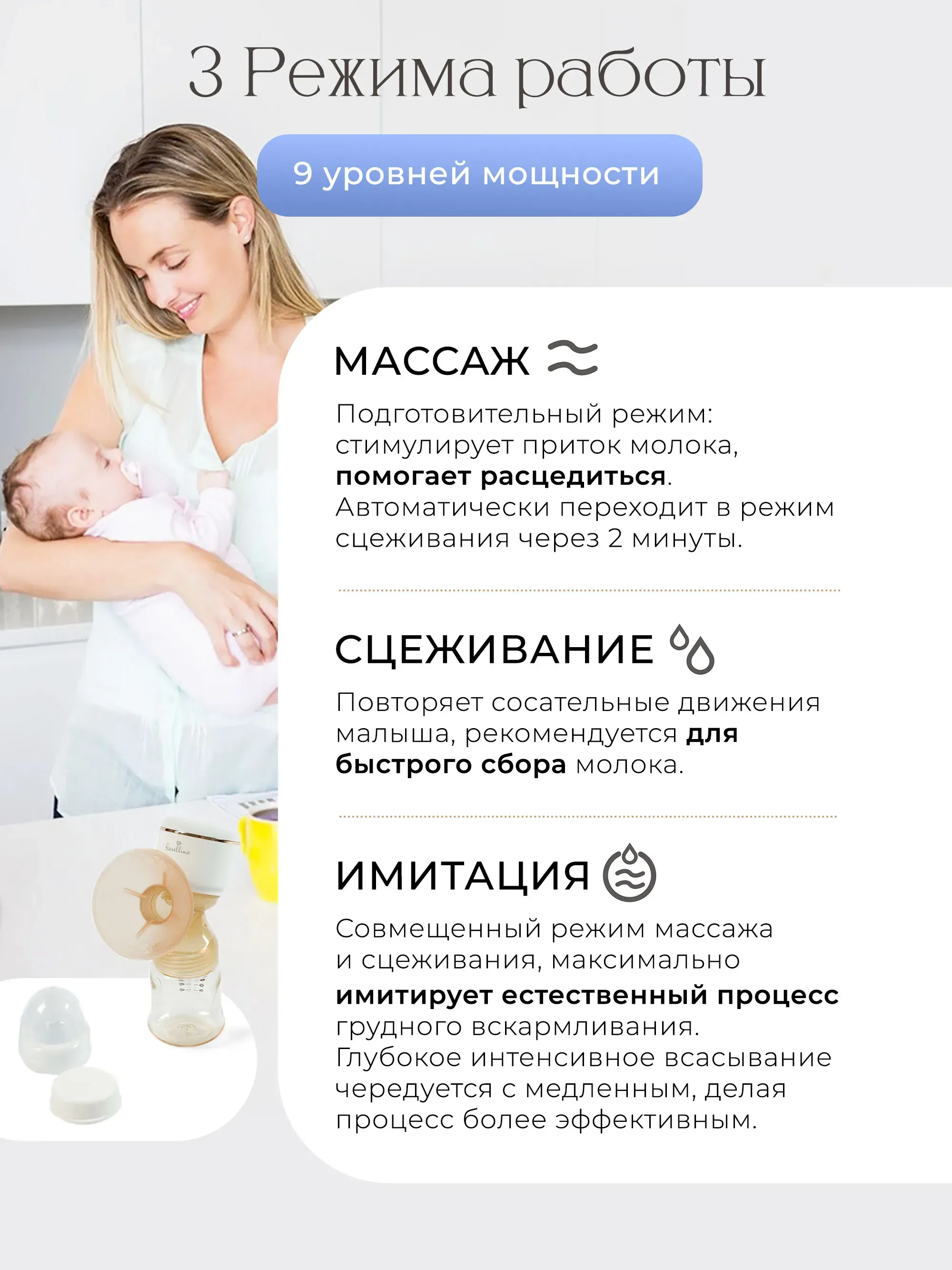 Молокоотсос Fiorellino трехфазный электрический YM-8075, 3 режима, usb. Изображение 3
