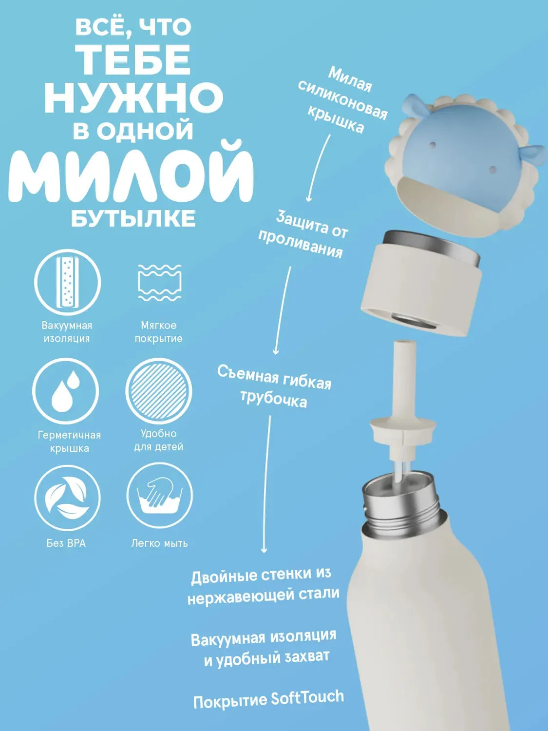 Бутылка Asobu для холодных и горячих напитков Bestie 460 мл овечка 69756. Изображение 4