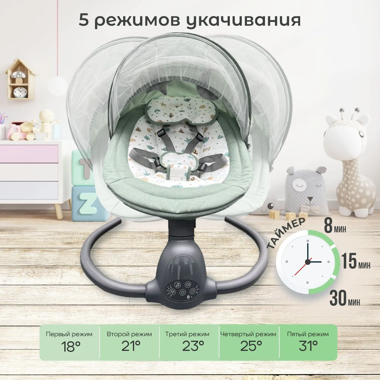 Стульчик для кормления растущий Tutti Bambini NOVA + Качели Fiorellino mint BSN001