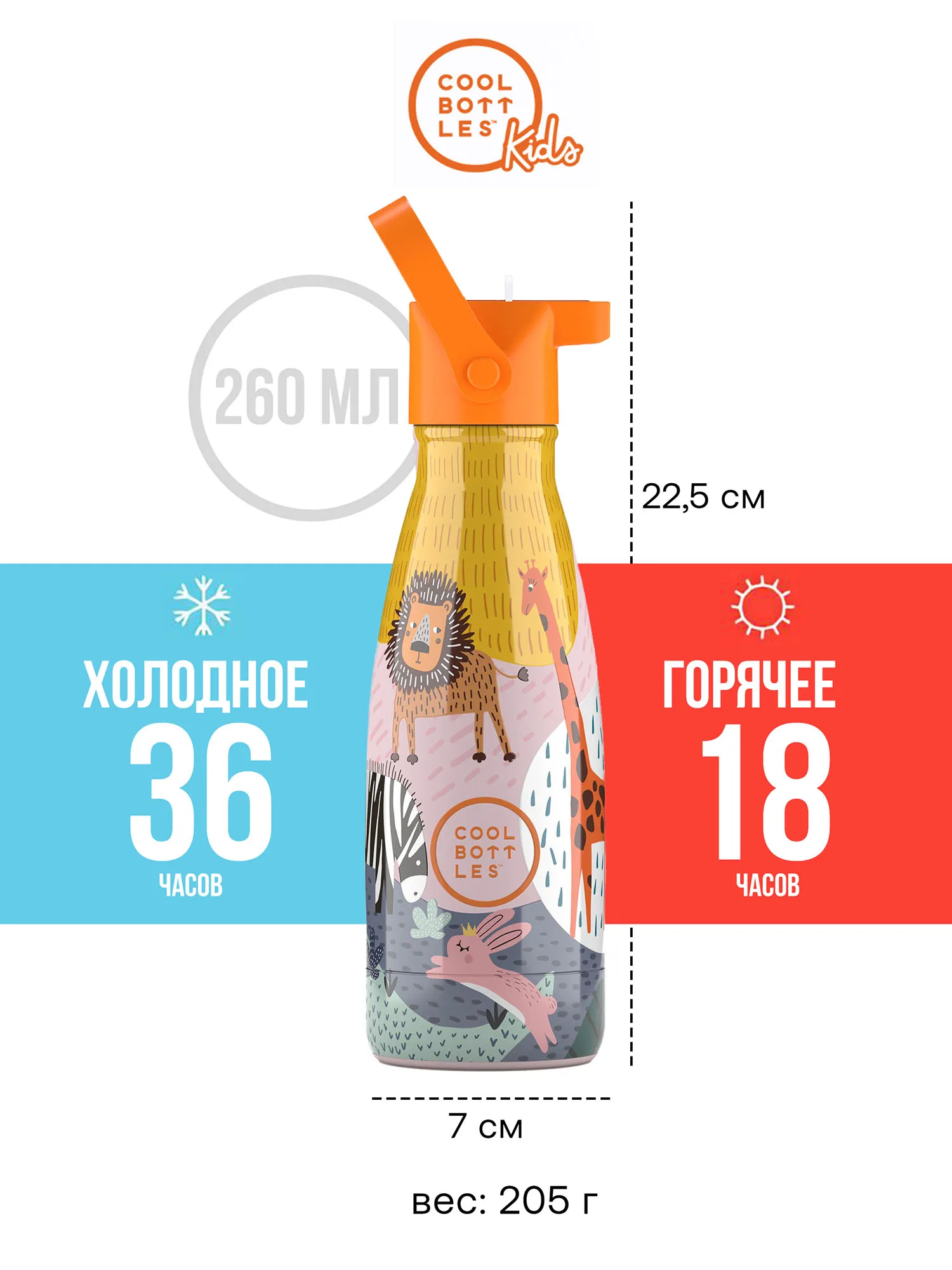 Термос–термобутылка Cool Bottles Kids серия Animals Savannah Kingdom 260мл