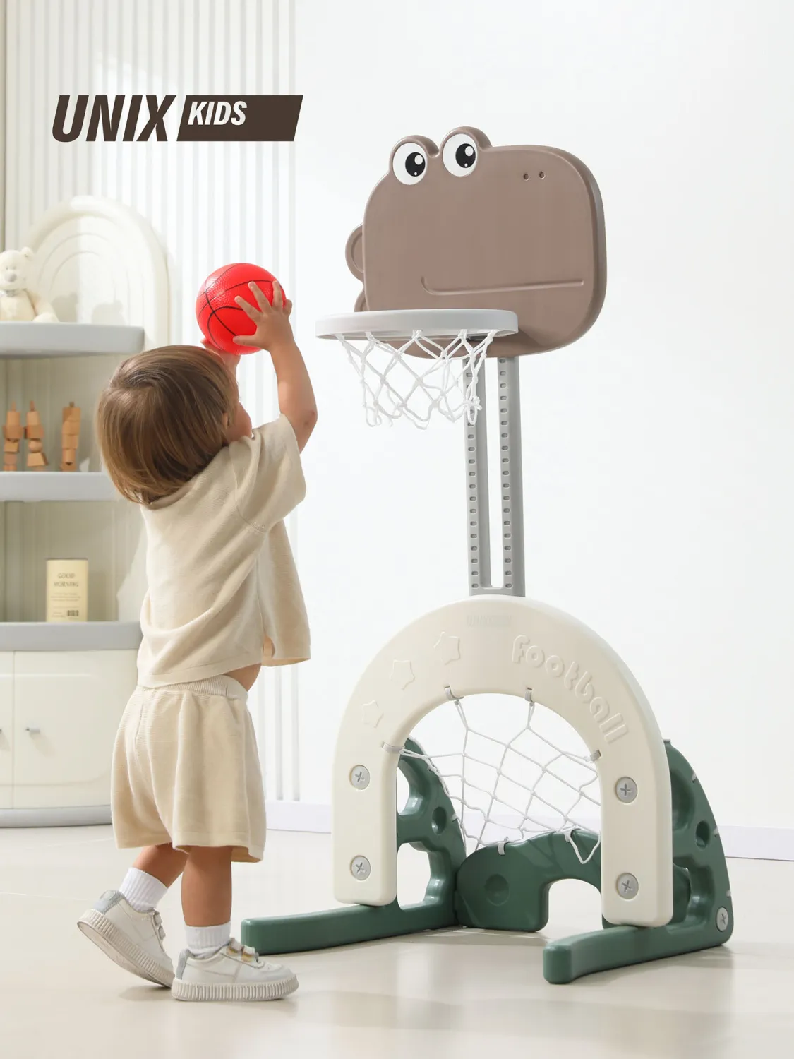 Стойка баскетбольная и хоккейные/футбольные ворота UNIX Kids Dino (3 в 1)