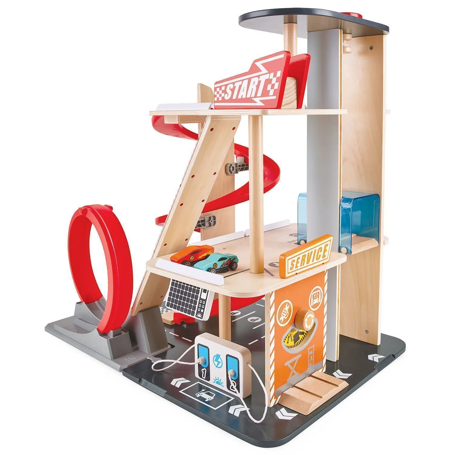 Деревянная многоуровневая автостоянка Hape «Гараж для трюков»