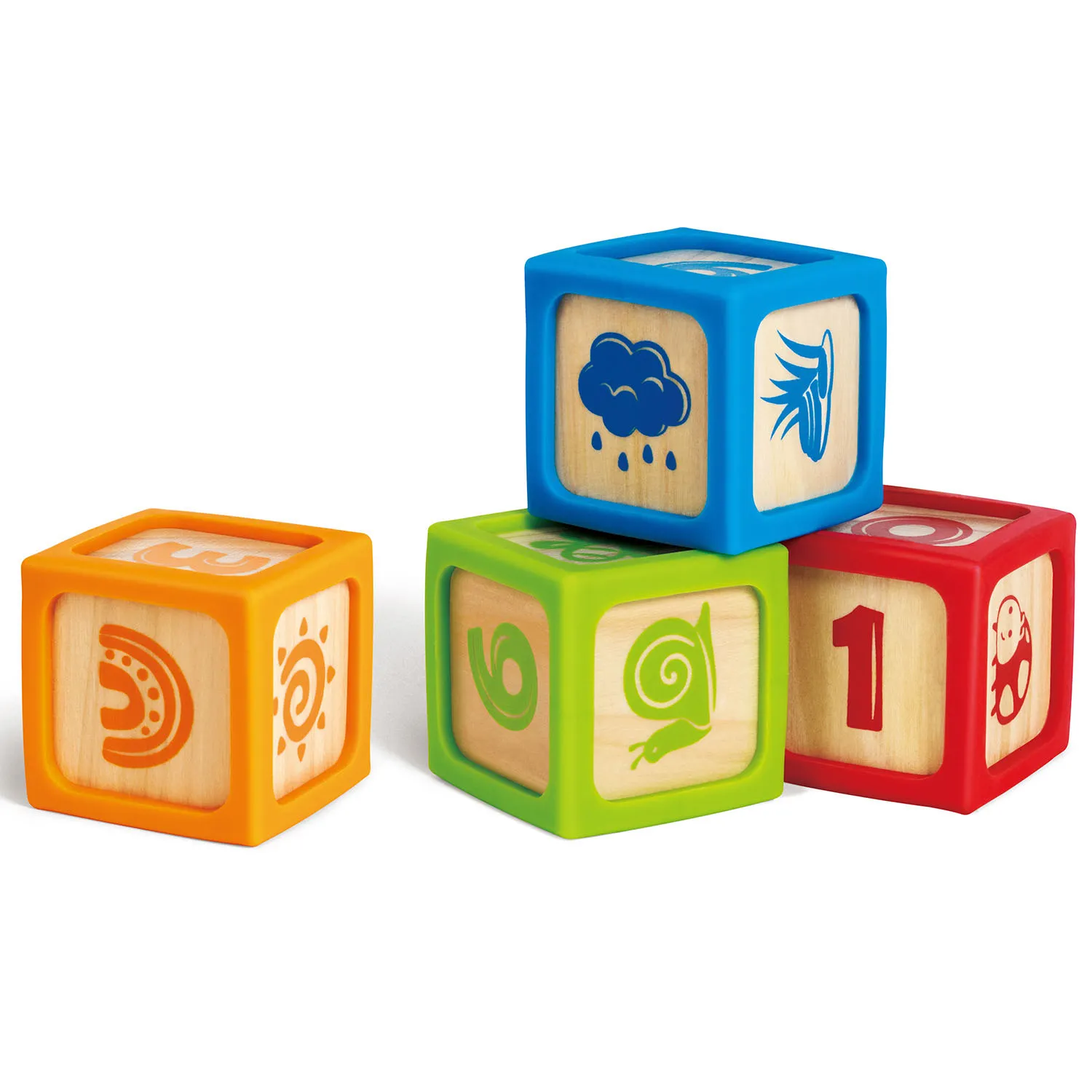 Кубики деревянные HAPE в силиконовых чехлах 4 шт E0132_HP