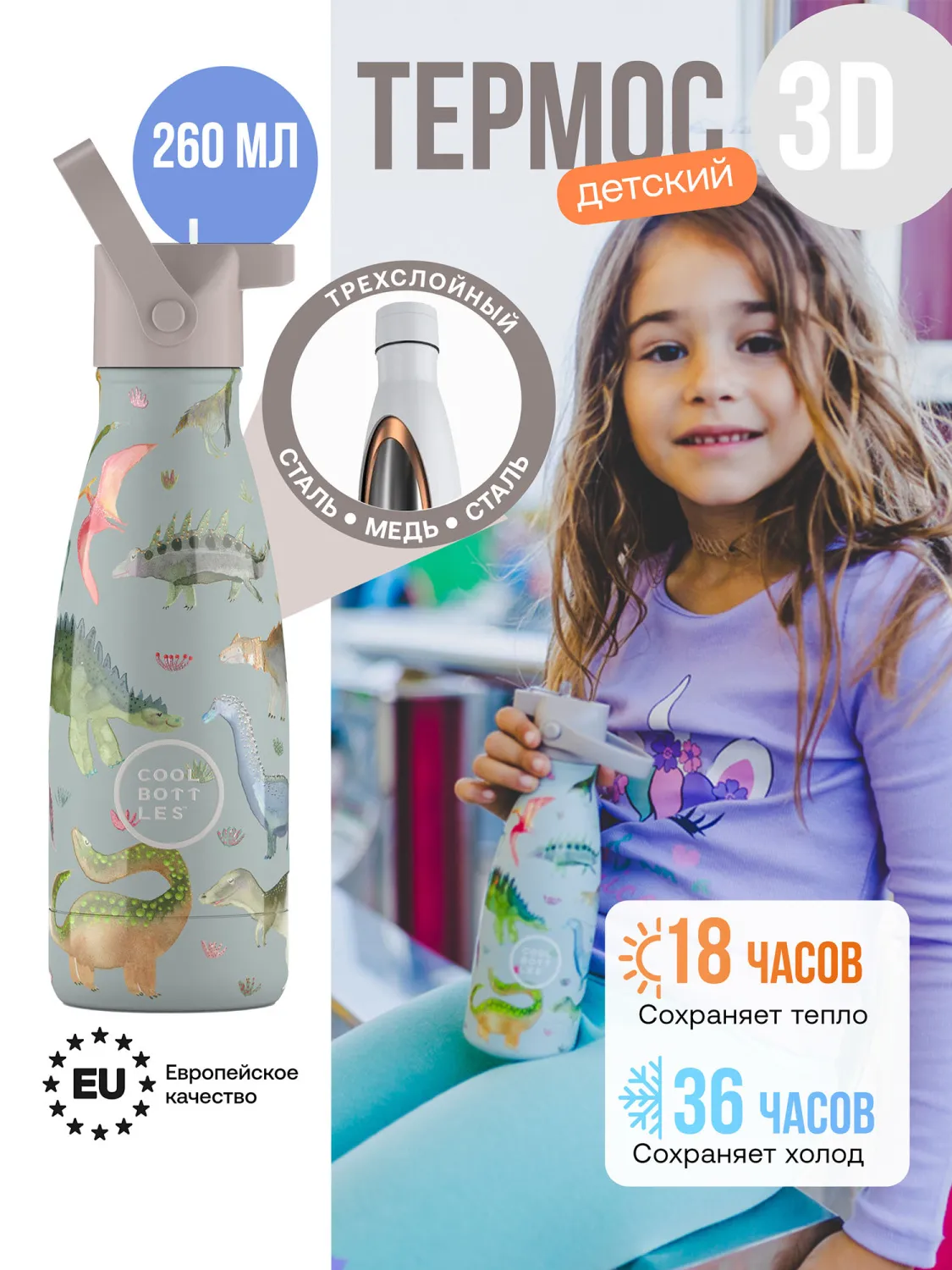 Термос–термобутылка Cool Bottles Kids серия Pals Dinos Planet 260 мл