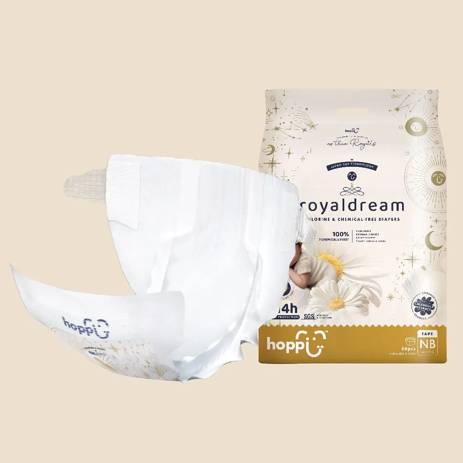 Подгузники Hoppi для новорожденных RoyalDream NB до 5 кг 66 шт
