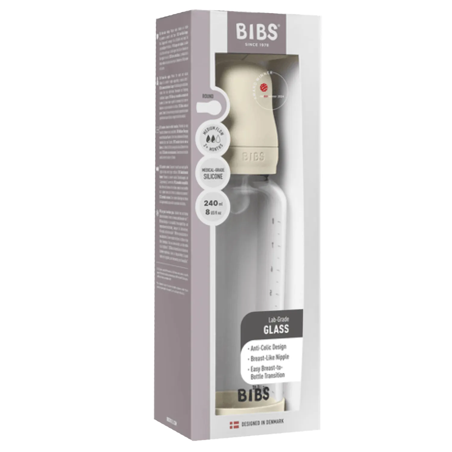 Бутылочка BIBS стеклянная для кормления с силиконовой соской средний поток 240 мл