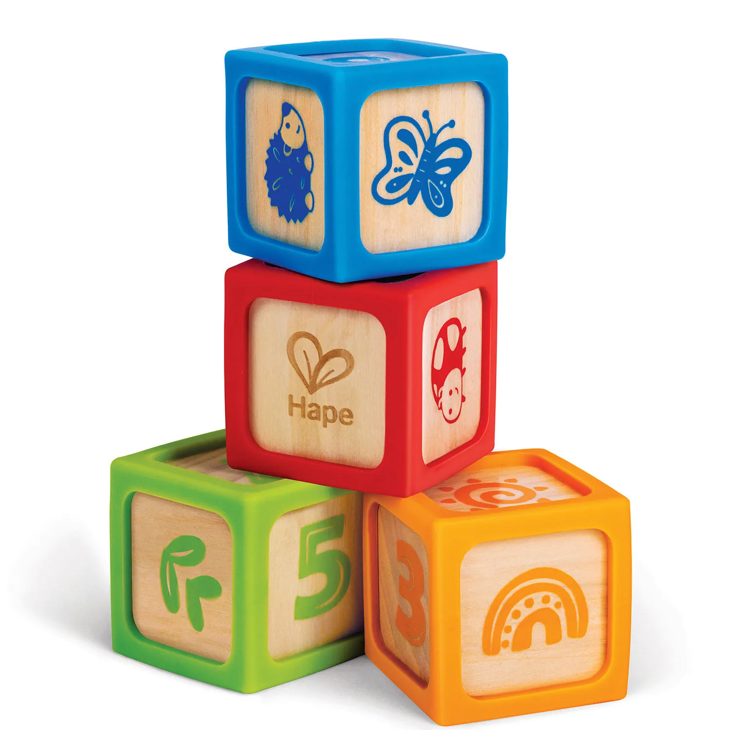 Кубики деревянные HAPE в силиконовых чехлах 4 шт E0132_HP