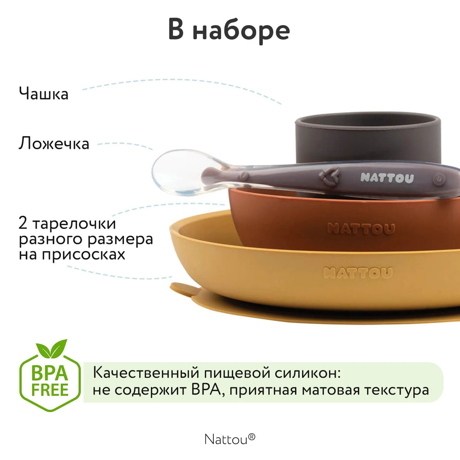 Набор посуды Nattou: 2 тарелки, чашка, ложка